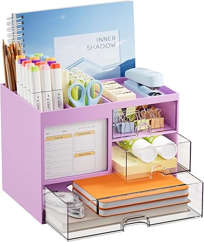 Miniatura 10 de Organizador Marbrasse para escritorio con 3 cajones, portaplumas y lápices multifuncional para escritorio, almacenamiento de organizador de