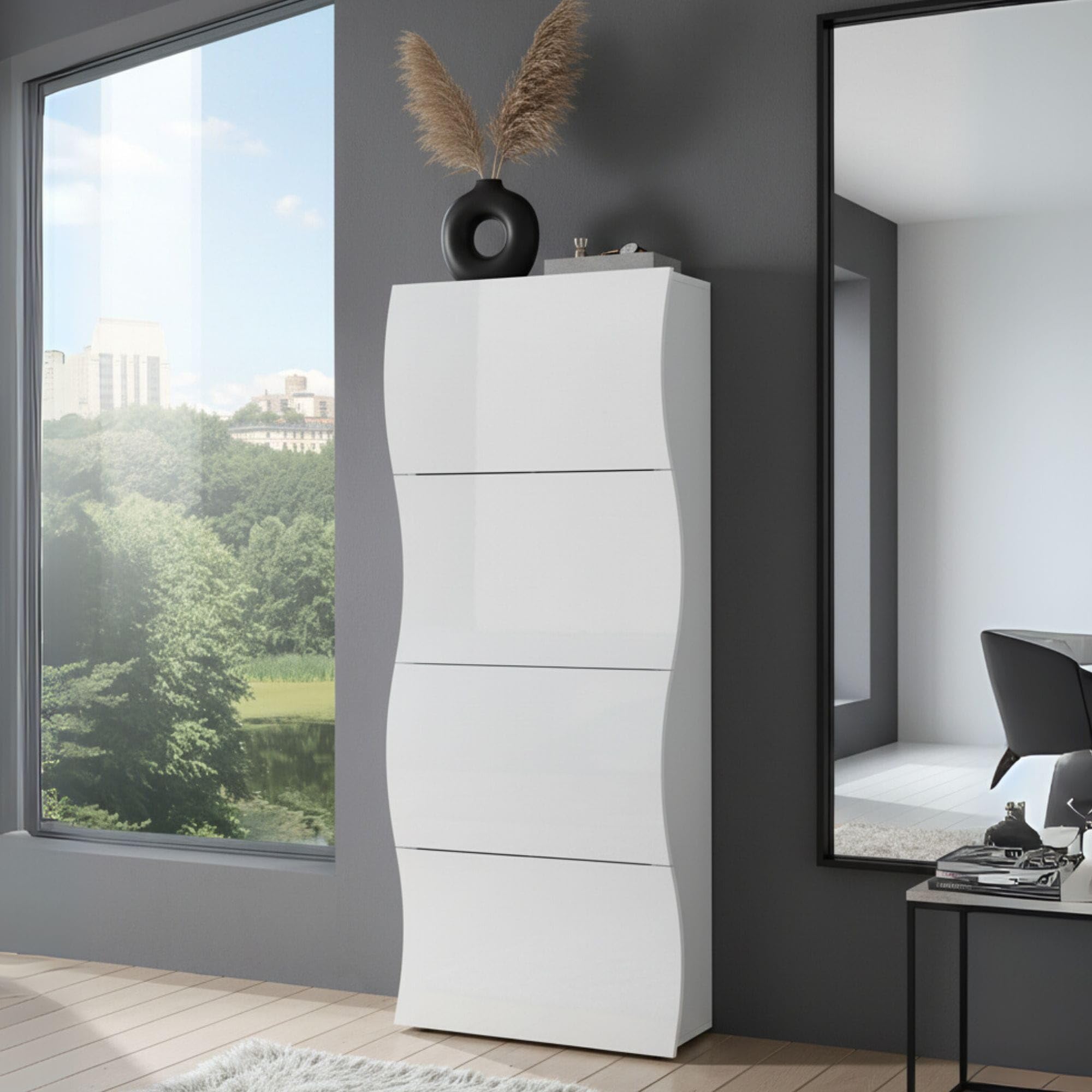 Web Convenienza Scarpiera Slim Moderna Made in Italy - 24 Paia di Scarpe, Salvaspazio con Ante a Ribalta in Legno - Mobile da Ingresso modello Mare Bianca Lucida (4 Ante)