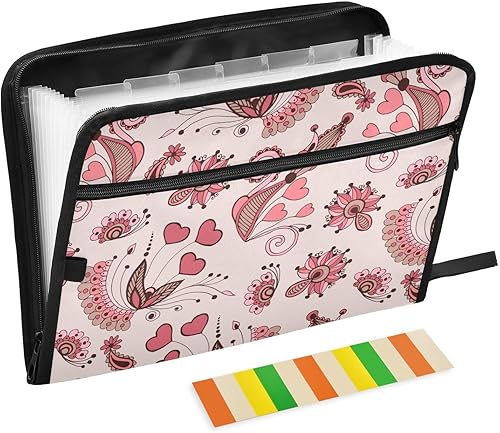 Vintage Valentines Hearts Floral Expandable Hanging File 13 Pockets A4 Letter Size Plastic File Folder with Zipper Closure Folder Organizer with