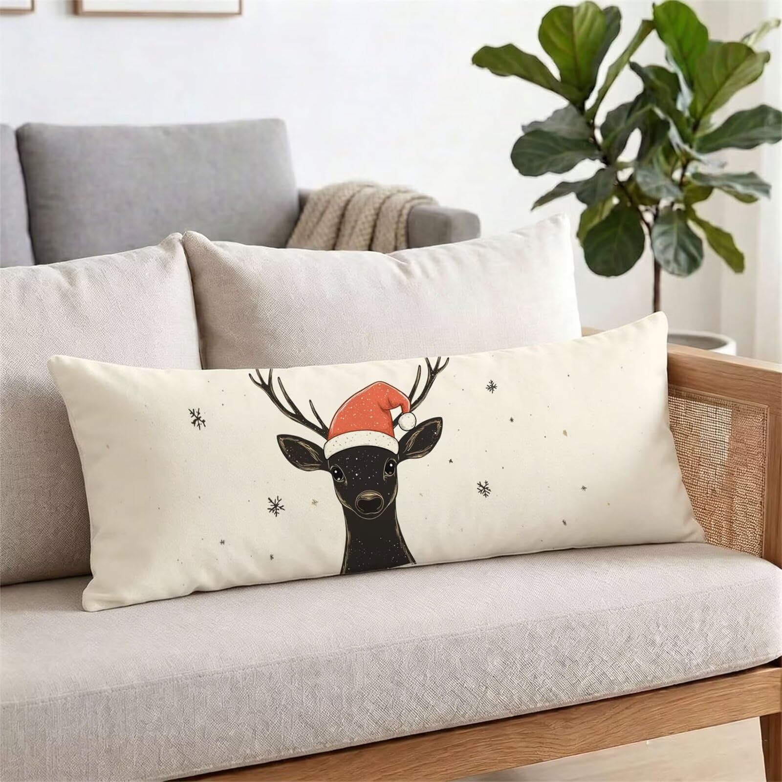 Funda de Almohada 60 x 180 cm Beige Protector Almohada 180 cm con Cremallera Invisible, Lino Durable y Transpirable Pillow Case Largas Ciervo Impresión a Doble Cara para Cama, Sofá y Dormitorio dg-308