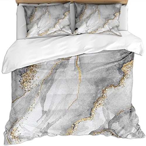 Nordic Light - Juego de funda de edredón de lujo con textura de mármol dorado blanco, juego de funda de edredón de 3 piezas, microfibra suave y
