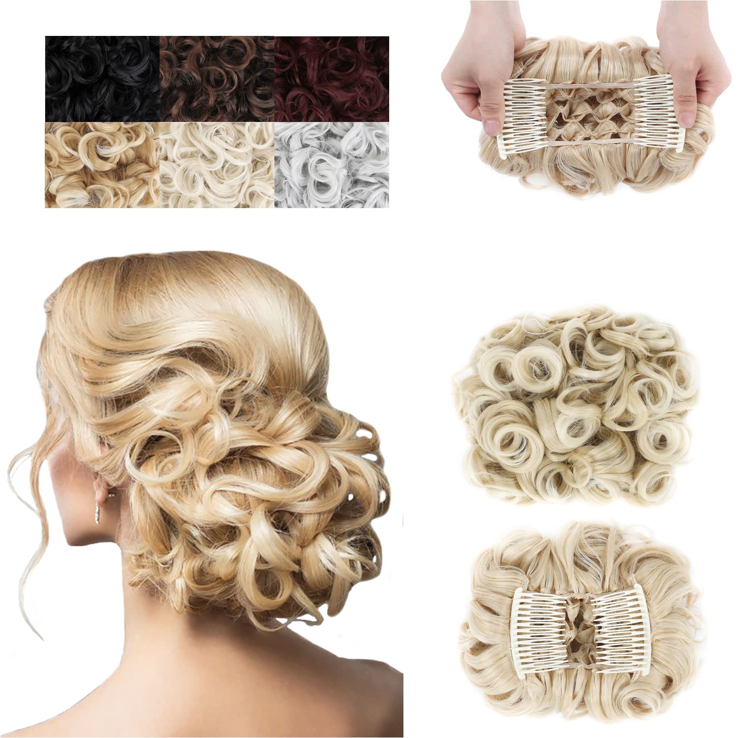 ELAINE Combs Messy Bun Hair Piece Curly Dish Hair Buns Extension Thick Chignon Hairpiece Clip in Ponytail Scrunchies Hair Pieces for Women (Ash Blonde