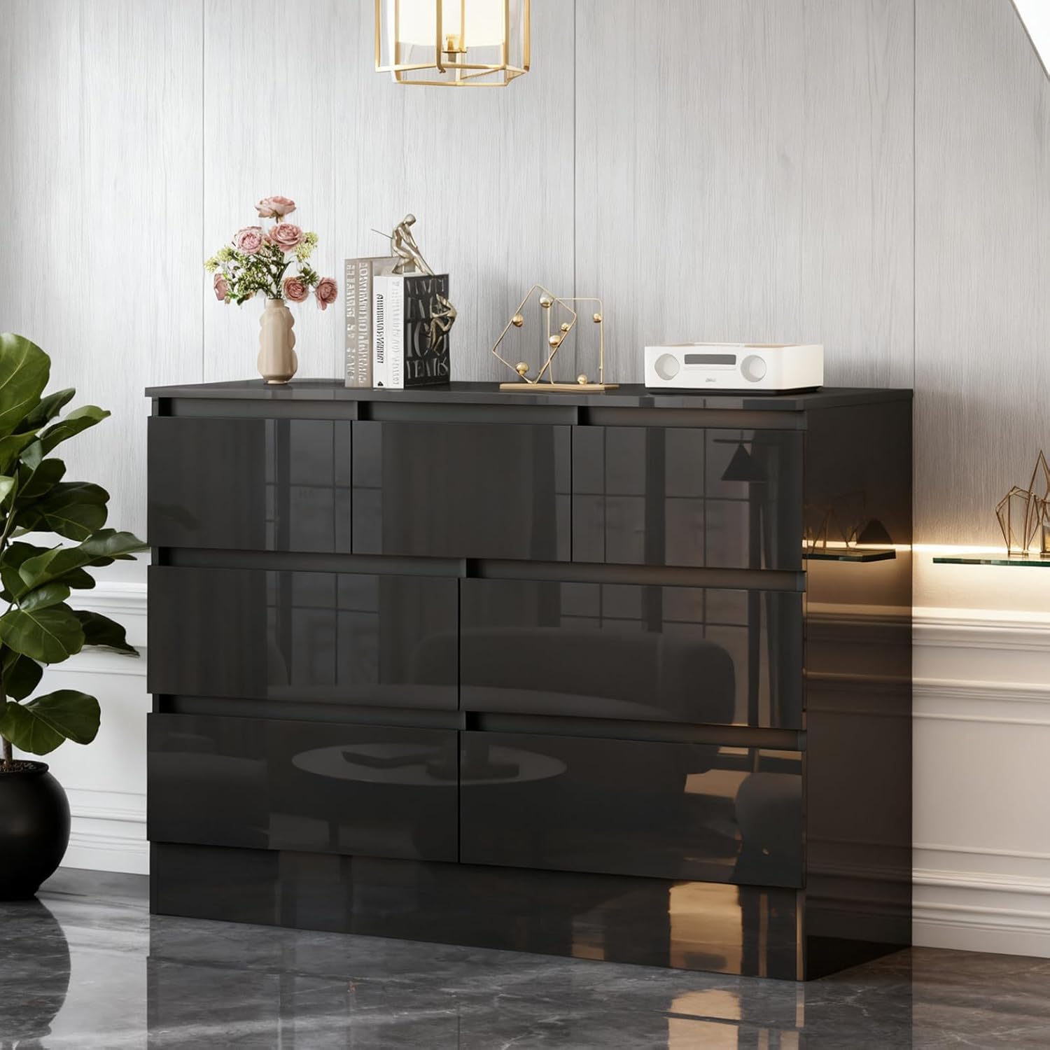 LSLIFE Weiße Kommode mit 6/8 Schubladen Hochglanz Schlafzimmerschrank Nachttisch Sideboard Stauraum Möbel für Wohnzimmer Büro Flur (Black 7 Drawer)