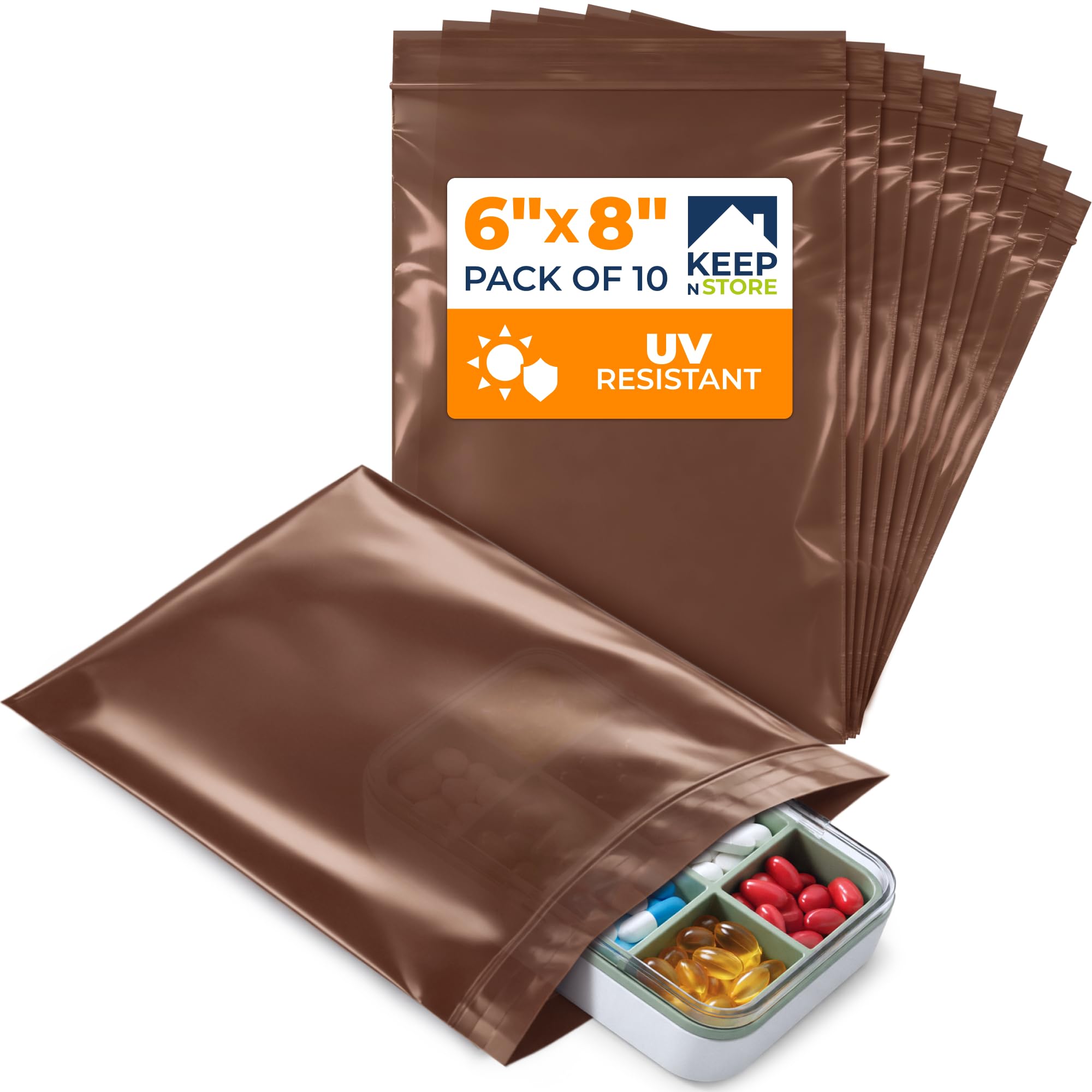 6"x 8" UV Protective Amber Zip Bags, Pack of 10 - Resealable Light-Blocking Plastic Bags for Packaging Light-Sensitive Products, Heavy Duty 3 mil Thick, Moisture Resistant Storage