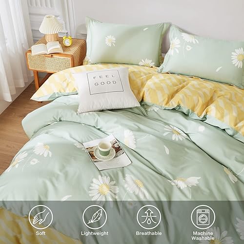 Miniatura 4 de SAPHREAS Juego de funda de edredón con estampado floral de margaritas verdes y blancas de 3 piezas, juego de funda de edredón 100% algodón, 1 funda