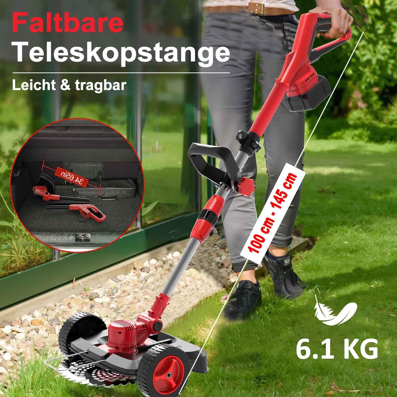 Rasentrimmer mit Akku und Unkrautbürste, 9" Bürstenlose Freischneider,mit 2 Akku 4.0Ah, 21v unkrautbürste akku, Trimmer Garten mit 4 Klingentypen, für Garden Trimmen