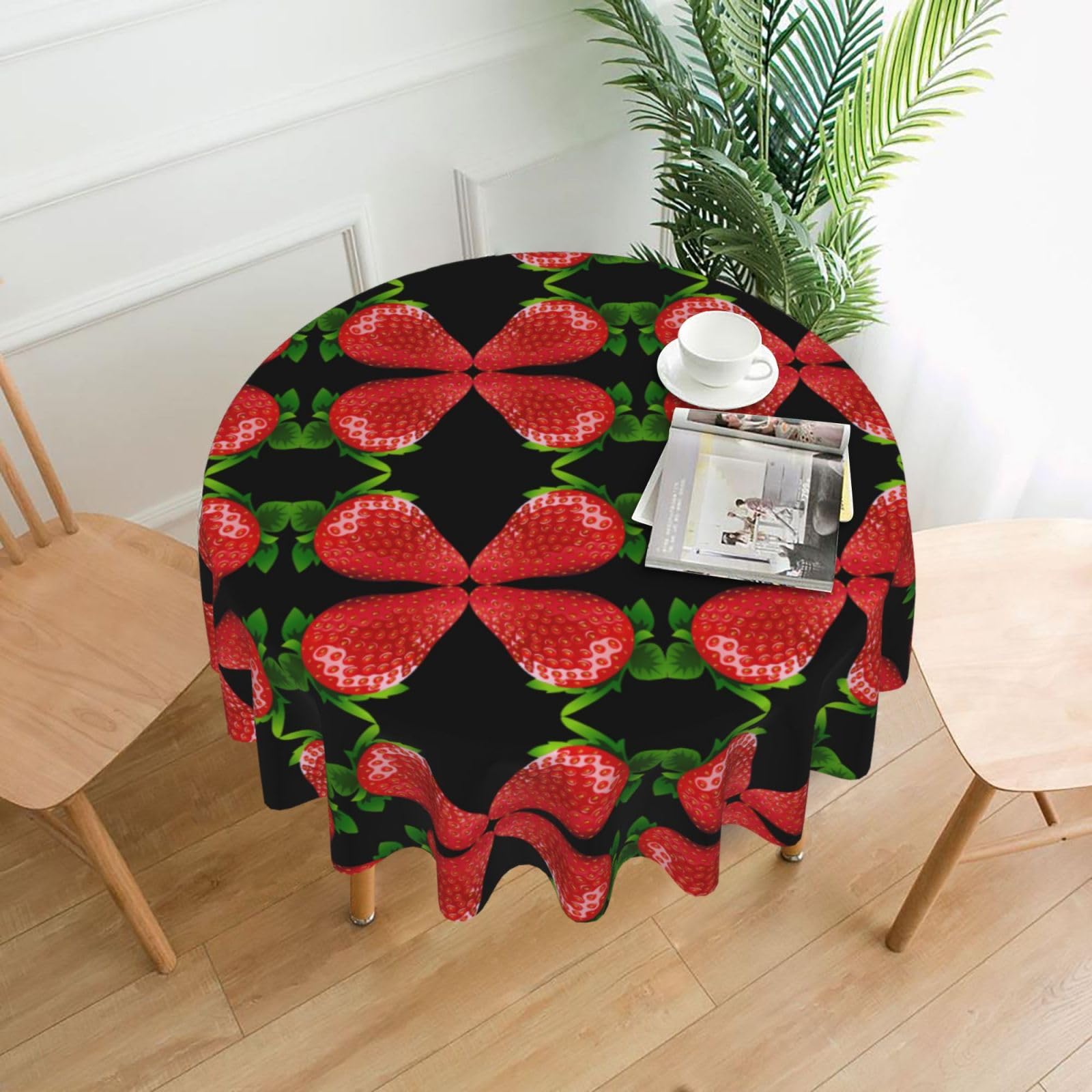 Uusnwaa Strawberry Clipart Print Round Tablecloth 60 Inch, Stain Wrinkle Resistant Washable Polyester Table Cover For Kitchen Party