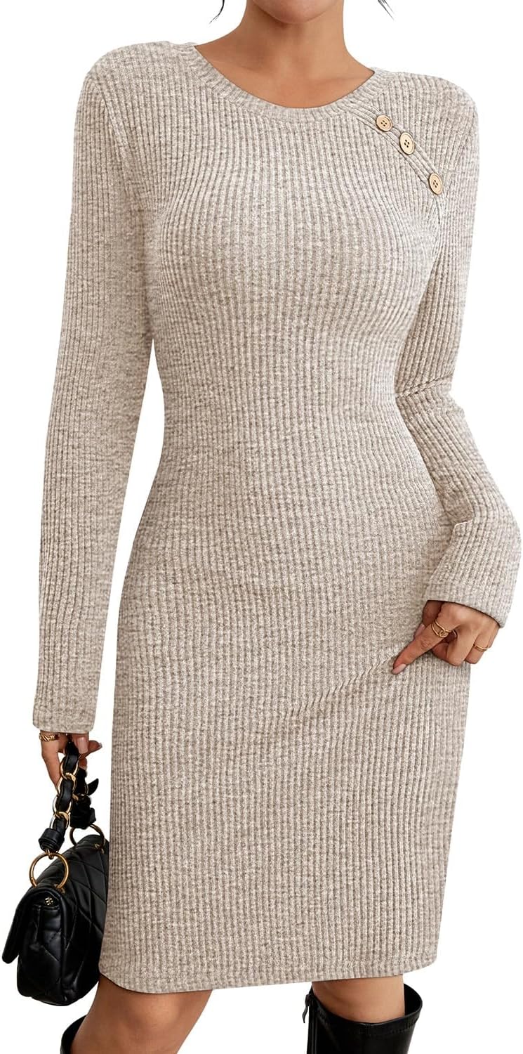 Pink Queen Womens Fall Dress Bust Button Crewneck Long Sleeve Ribbed Knit Knee Length Bodycon Winter Dresses