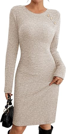 Pink Queen 2026 Fall Dresses Long Sleeve Crew Neck Ribbed Knit Bodycon Mini Short Dress Fashion Clothes