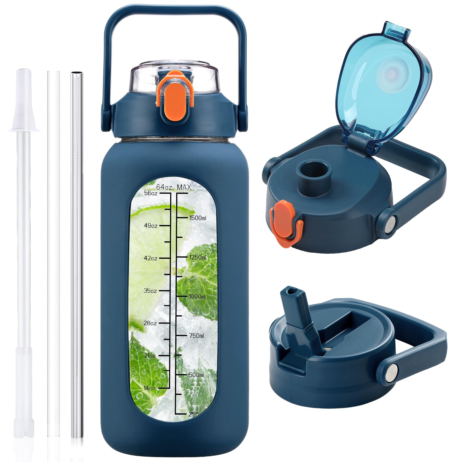 HYDRAGLAZIC 2L Glass Water Bottle with 2 Lids Flip and Chug Lids 2 Liter Large Water Jug with Time Marker and Silicone Sleeve BPA Free Leak-proof for Sports Gym Dark Blue