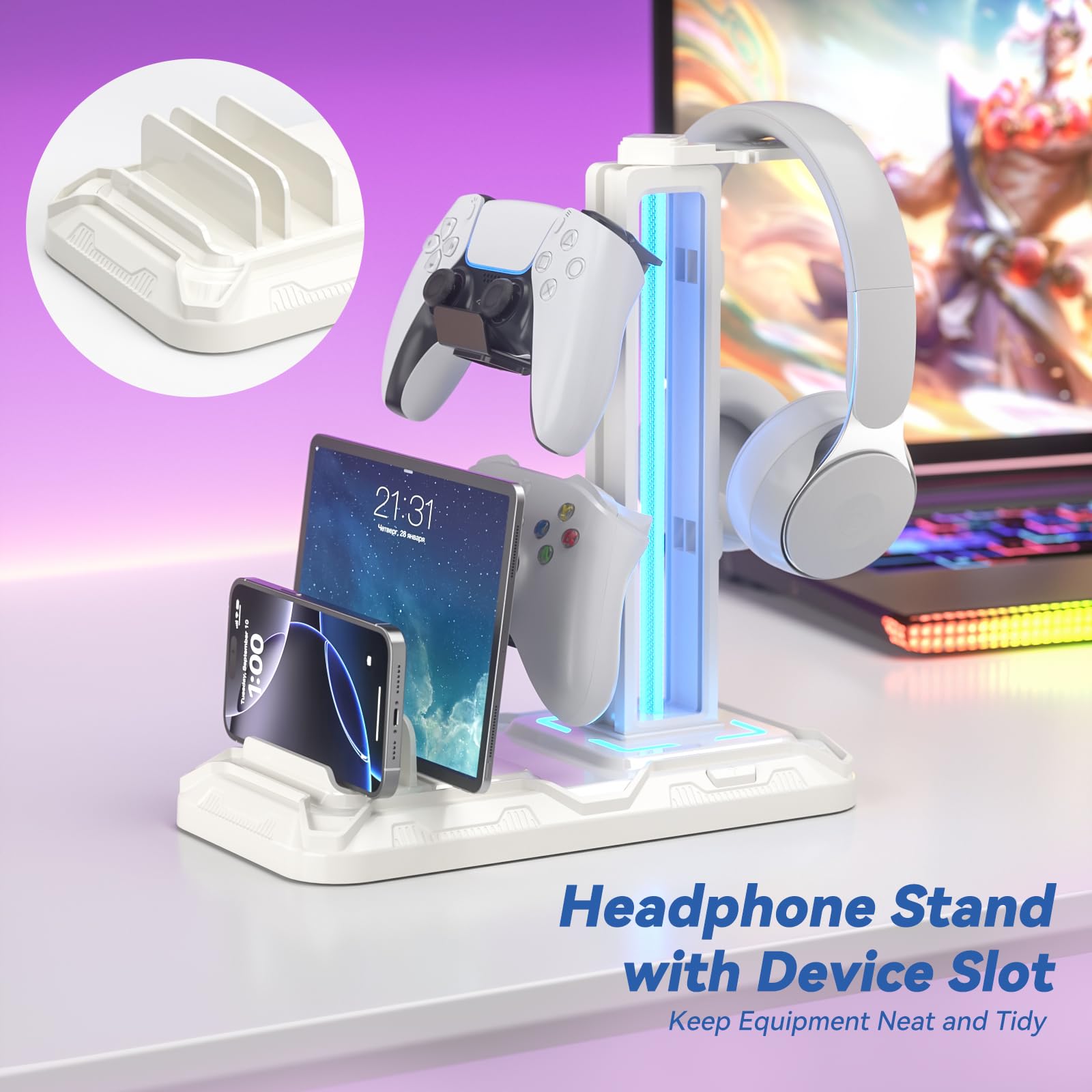 KDD Supporto Controller E Cuffie Gaming Da Scrivania Con 9 Modalità Di Illuminazione E Gancio Per Cuffie Ruotabile, Porta Controller Con 6 Ganci Staccabili Per PC Desktop Accessori Gaming Nero