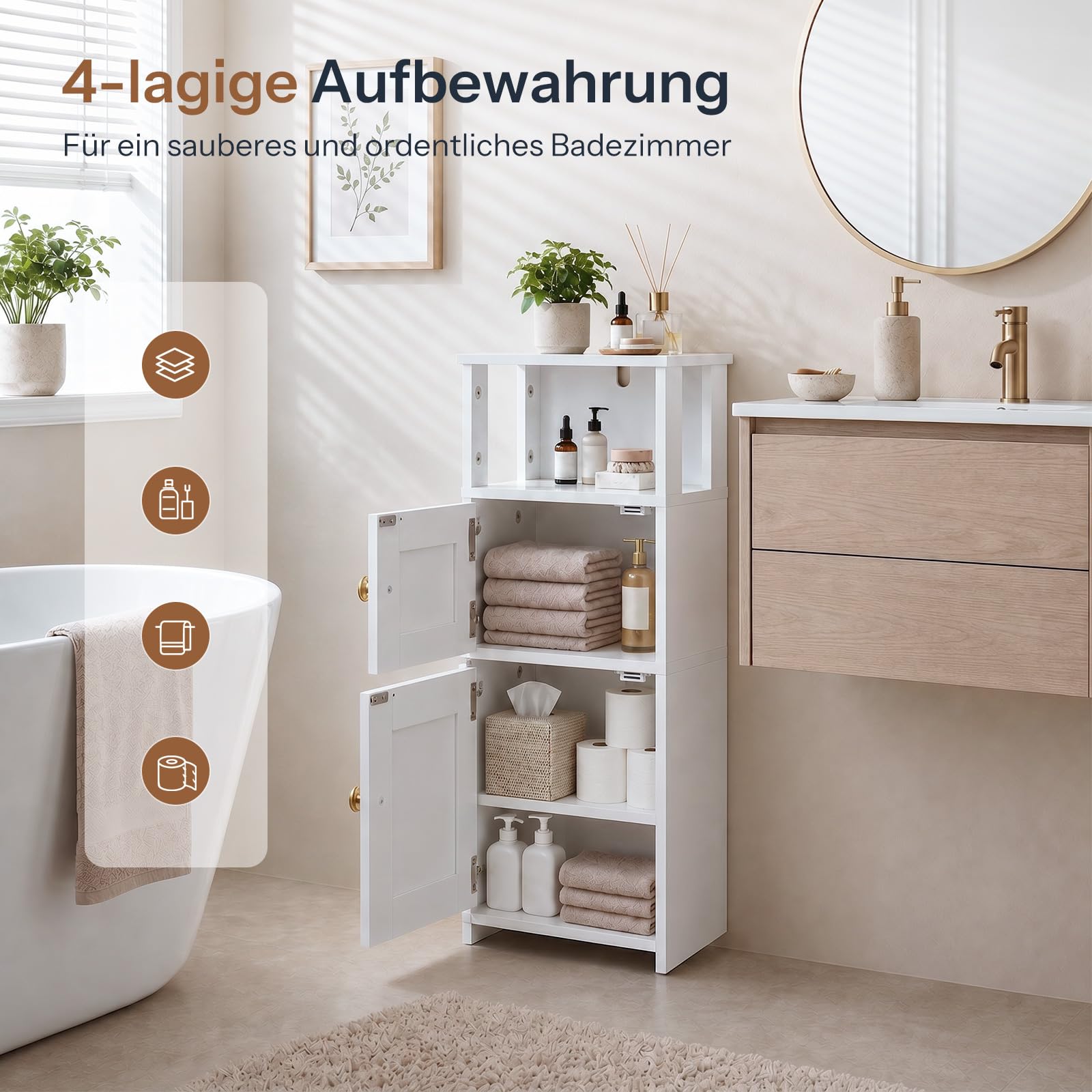 HOOBRO Schmaler Badezimmerschrank, freistehender Badschrank mit verstellbarem Einlegeboden, Hochschrank für Badezimmer, Waschküchen, einfache Montage, offener und verdeckter Stauraum, Weiß EWT42BC01