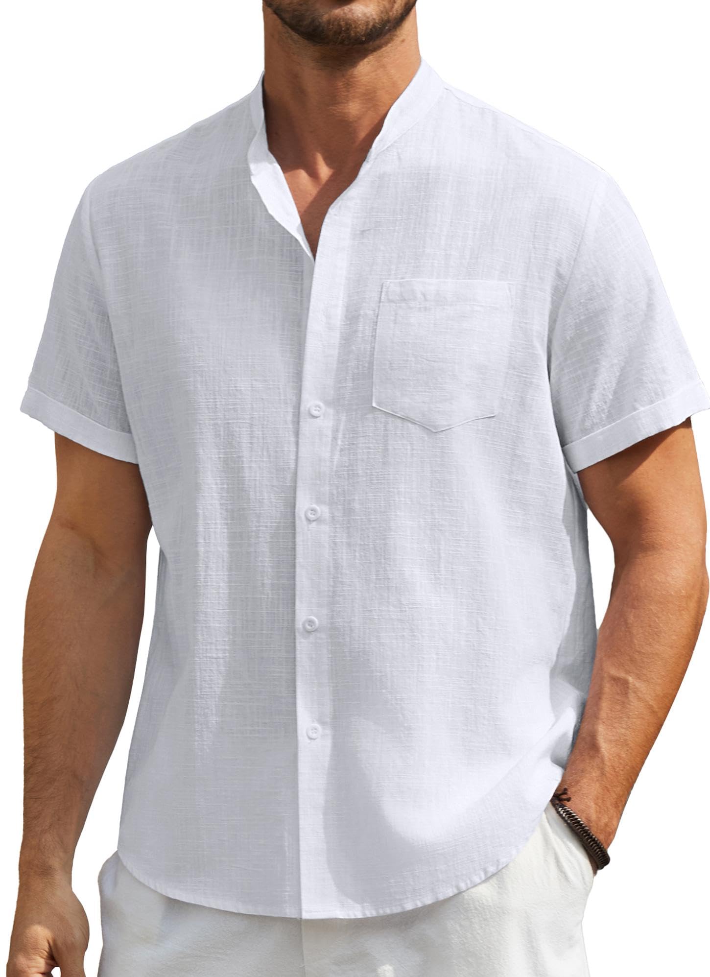 Enlision Camisa de Lino Manga Corta Camisa para Hombre Informales Sin Cuello Verano Henley Camisas Coton de Color Sólido con Botónes Bolsillo Playa Boda S-4XL