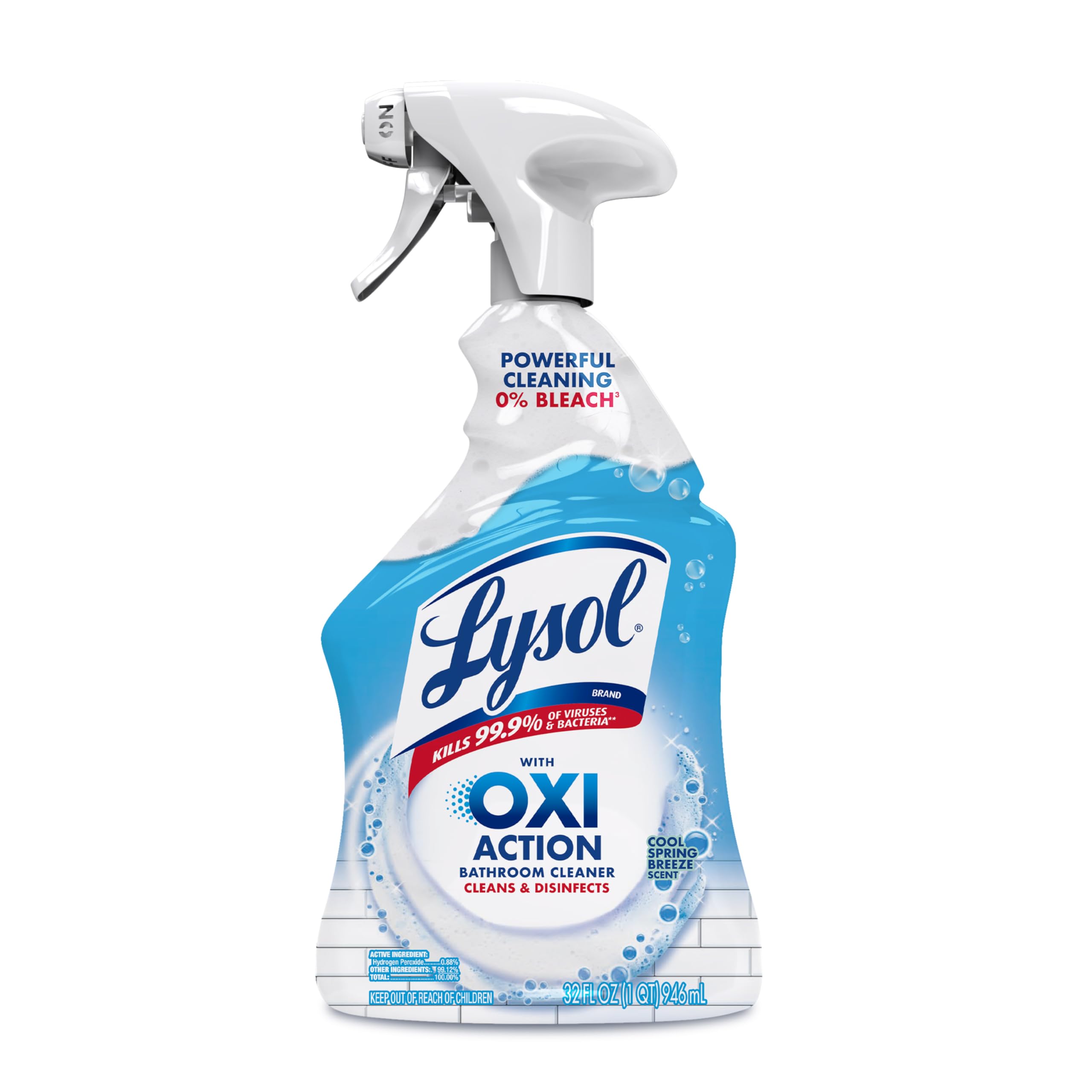 LYSOL Bathroom Cleaner Spray with OXI Action (Hydrogen Peroxide), 0% Bleach Formula, Multipurpose Disinfecting Cleaner for Tub, Tile & Shower, Removes Soap Scum & Limescale, Spring Breeze Scent, 32oz