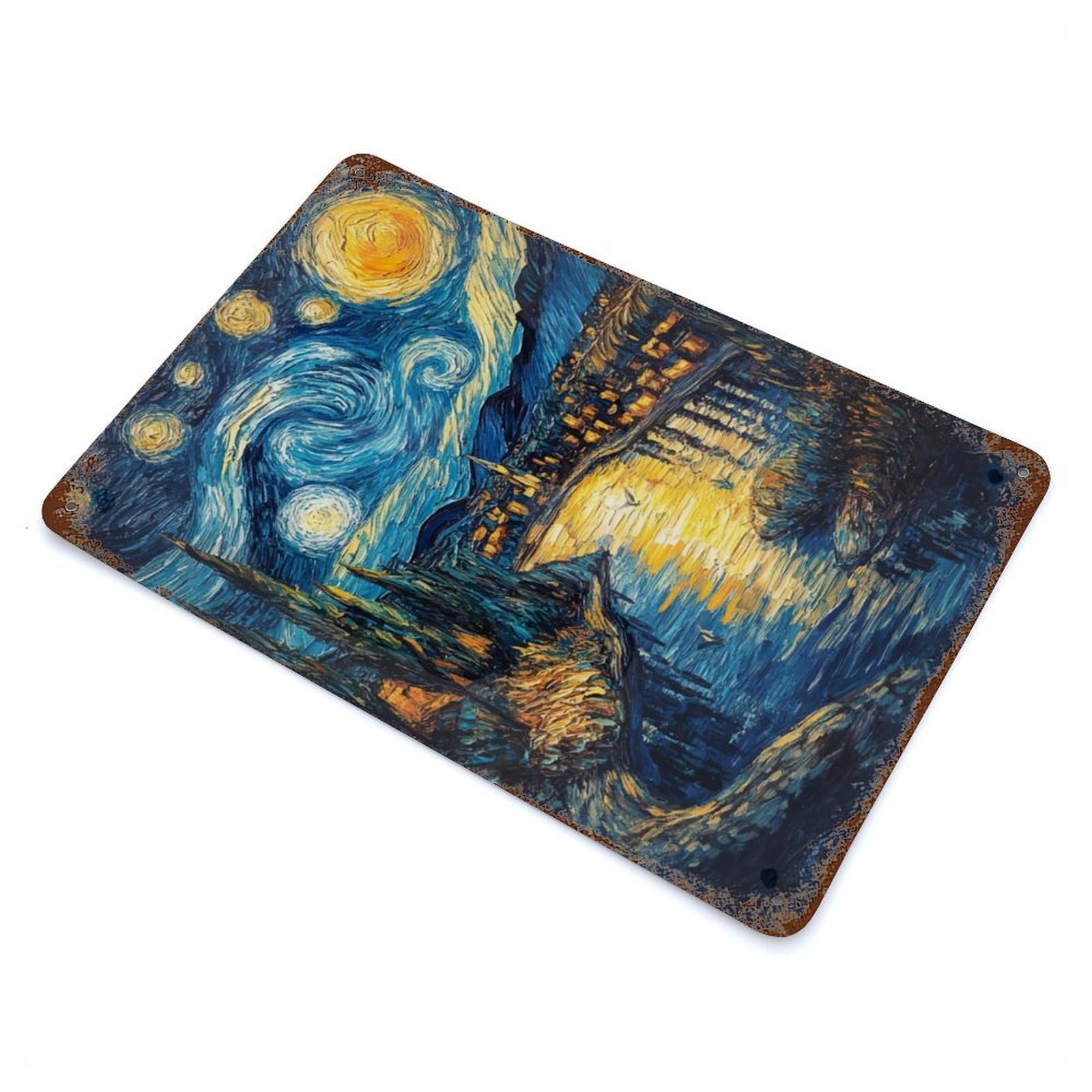 Starry Night Village Aged Metal Wall Plaque 11.8"x7.9", Ideal for Garage, Bar And Workshop Decor