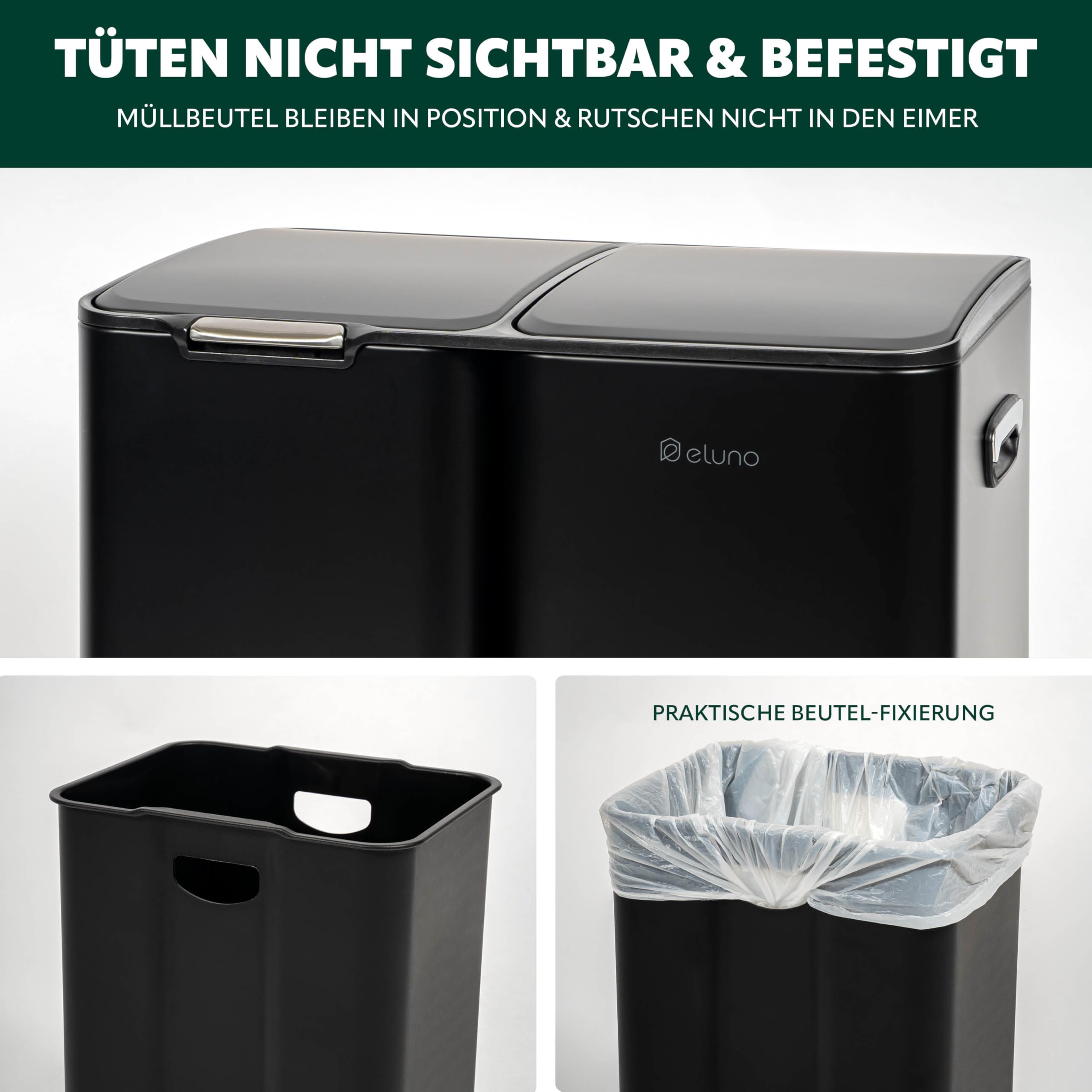 eluno Abfalleimer 54 Liter Fassungsvermögen, Treteimer mit 3 Behältern aus Kunststoff für Mülltrennung, Mülltrennsystem aus Metall, Schwarz