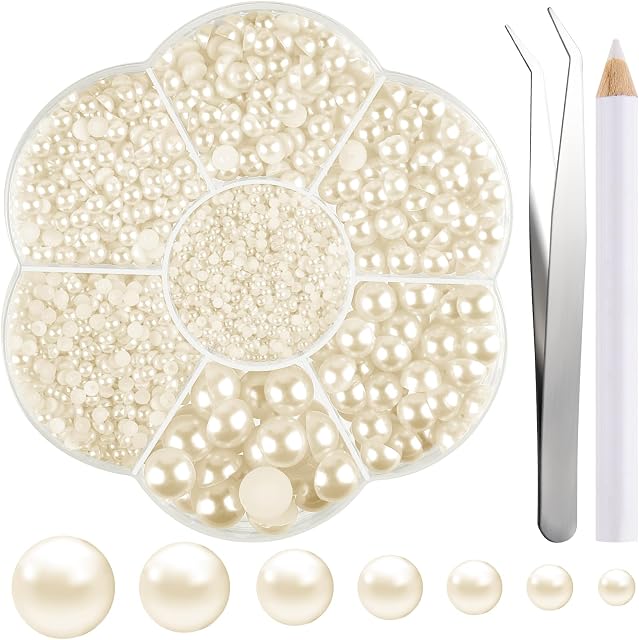 NACHLYNN 6480 Pcs Flat Back Pearl 7 Tailles Pearl Perle Beige Flatback Pearl Perles demi-rond Perles pour artisanat Embellissement Chaussures Vêtements Sacs DIY