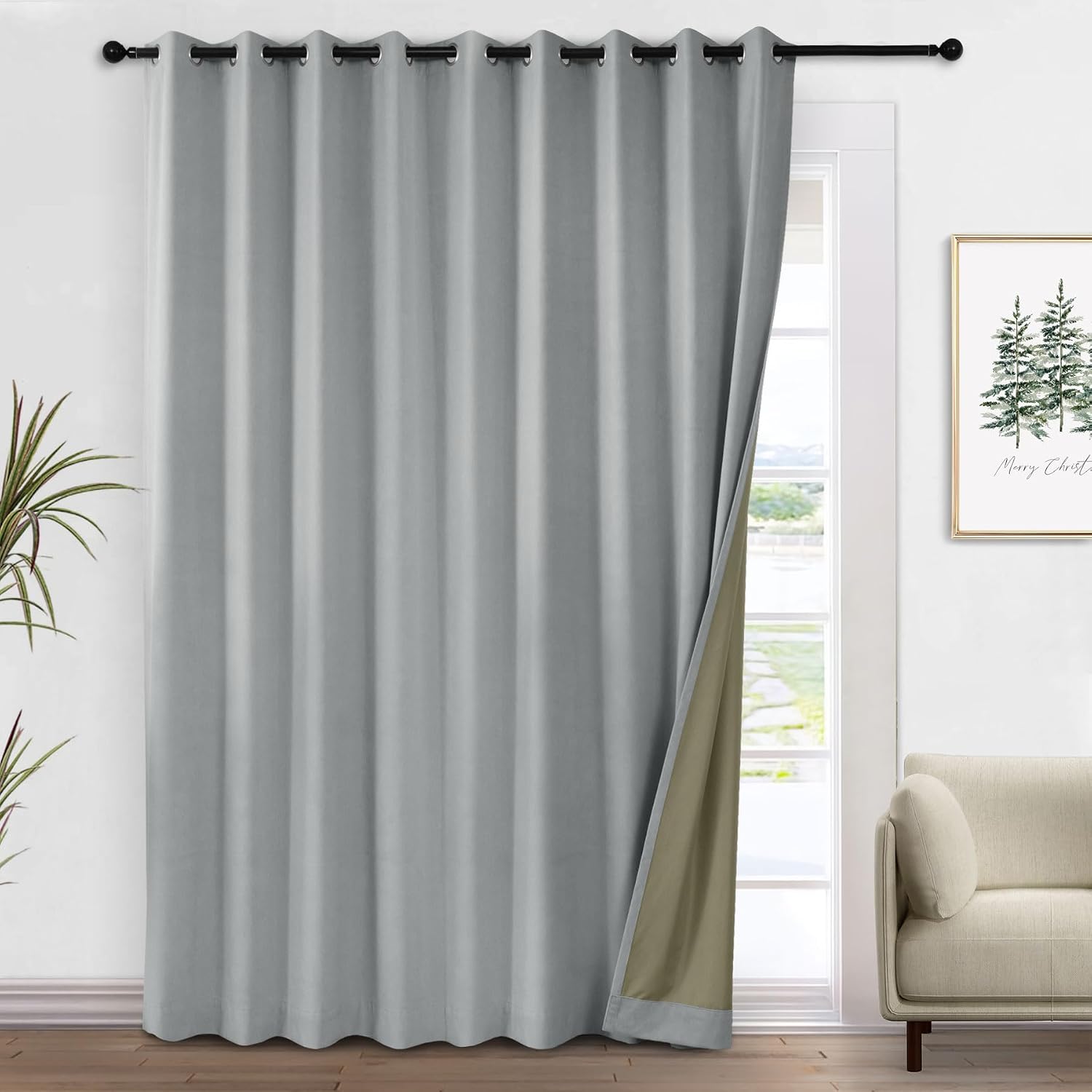Macochico Home Theater Velvet Curtains 100% Blackout Silver Grey Christmas Drapes for Living Room Bedroom Nursery Wedding, 100" Wx84 L Sliding Door Drapery Grommet Top with Tieback 1 Panel