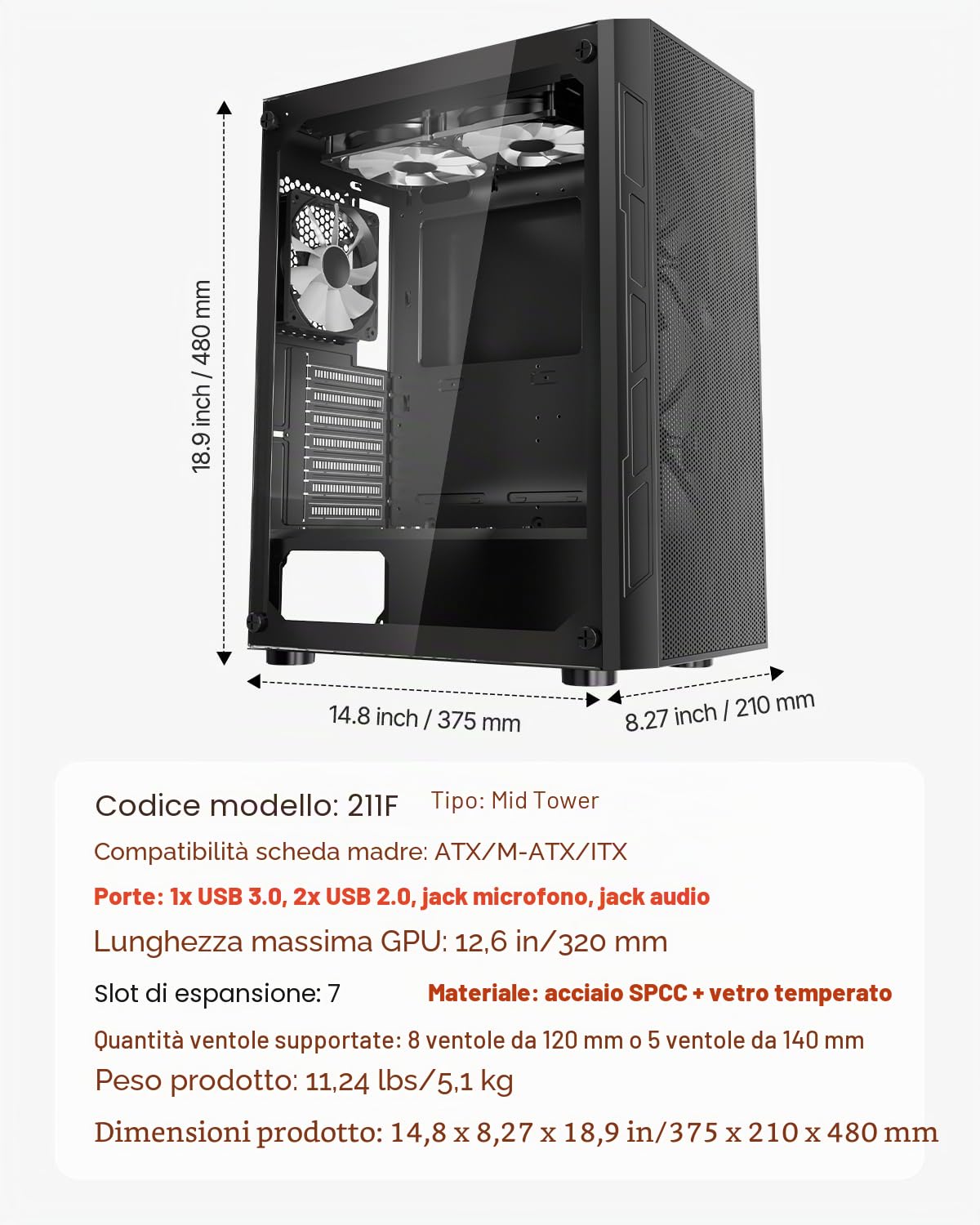 VEVOR Case per PC Compatto, 3 Ventole ARGB da 120 mm Case per Computer da Gioco con Pannelli in Vetro Temperato ad Alto Flusso d'Aria, per GPU Fino a 320 mm di Lunghezza, per ATX/M-ATX/ITX