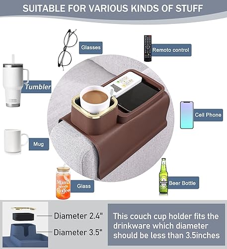 Miniatura 5 de HMASYO Bandeja para portavasos de sofá, mesa de silicona para reposabrazos con soporte para tazas, bandeja flexible para organizador de brazos de