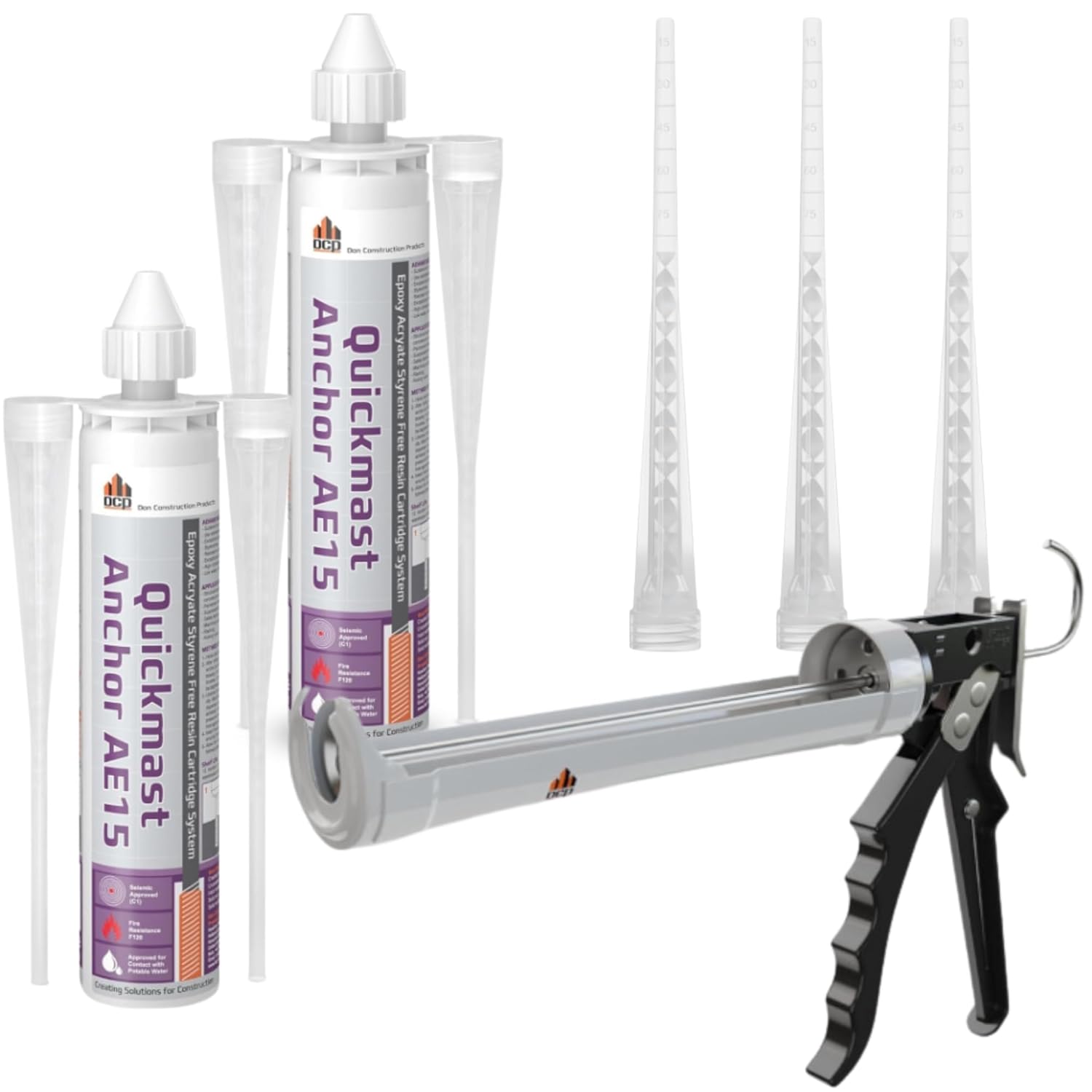 DCP Quickmast AE15 2-Pack Concrete Epoxy for Rebar and Rods with 3-Pack Replacement Nozzles and Caulking Gun, 12:1 Thrust Ratio – High-Strength Anchoring System