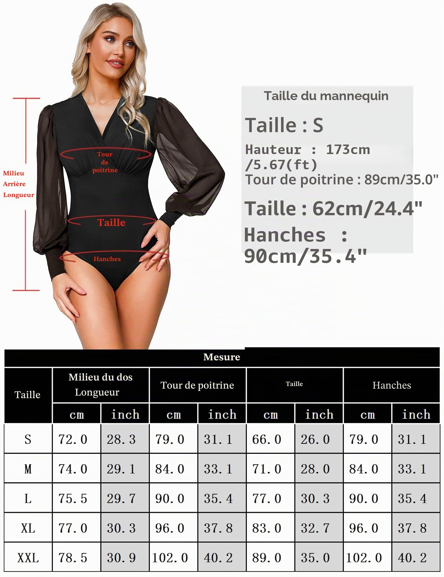Litherday Body Femme Élégant Body Femme Manches Longues Bouffant Body Femme Sexy Élastique Slim Bodysuit avec Col en V et Fermeture pour Fête Danse S-XXL