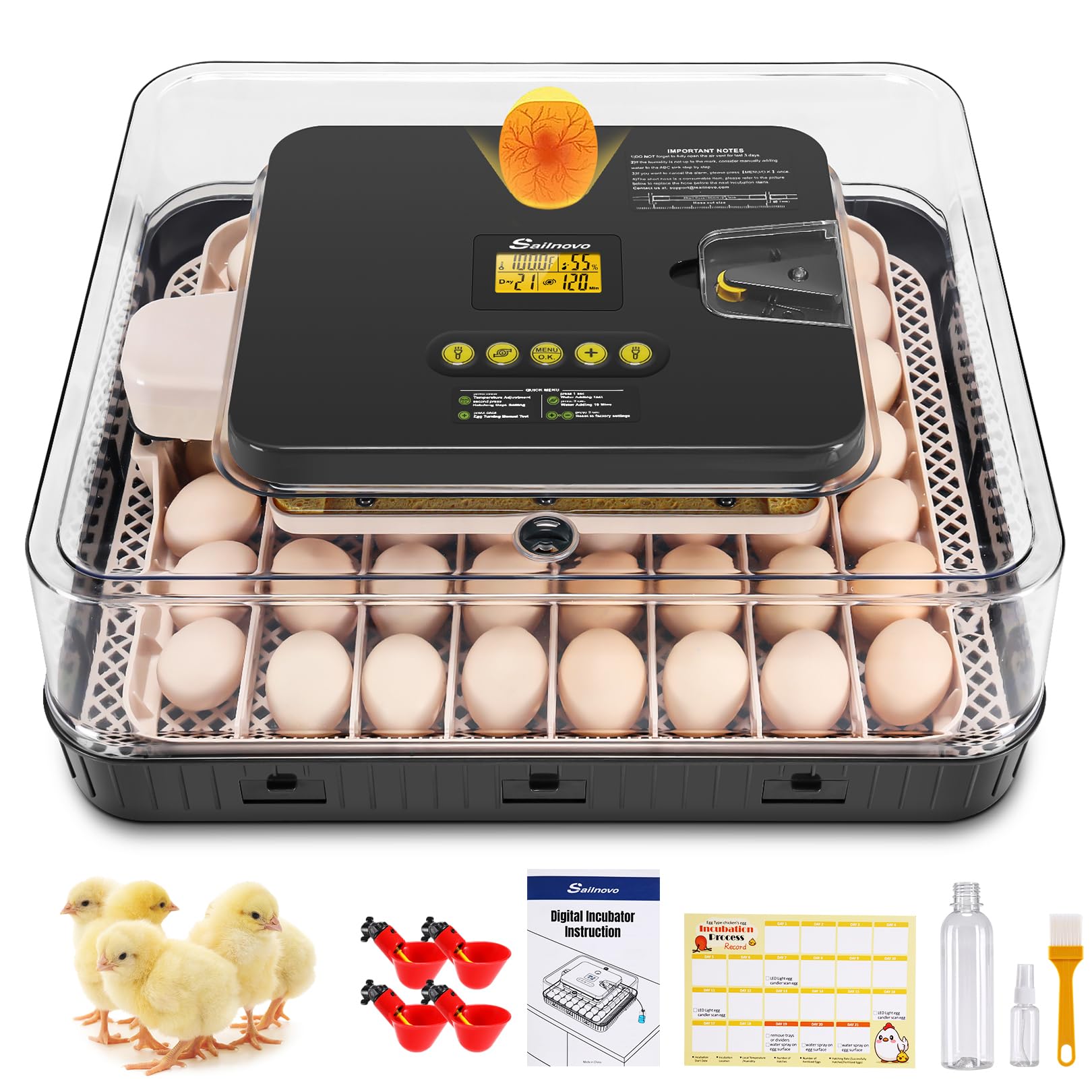 Sailnovo 56 Egg Incubators for Hatching Eggs with Automatic Egg Turning and Auto Humidification, Temperature Humidity Control, Egg Candler, 360° Viewing for Hatching Chicken/Duck/Quail Eggs, Grey