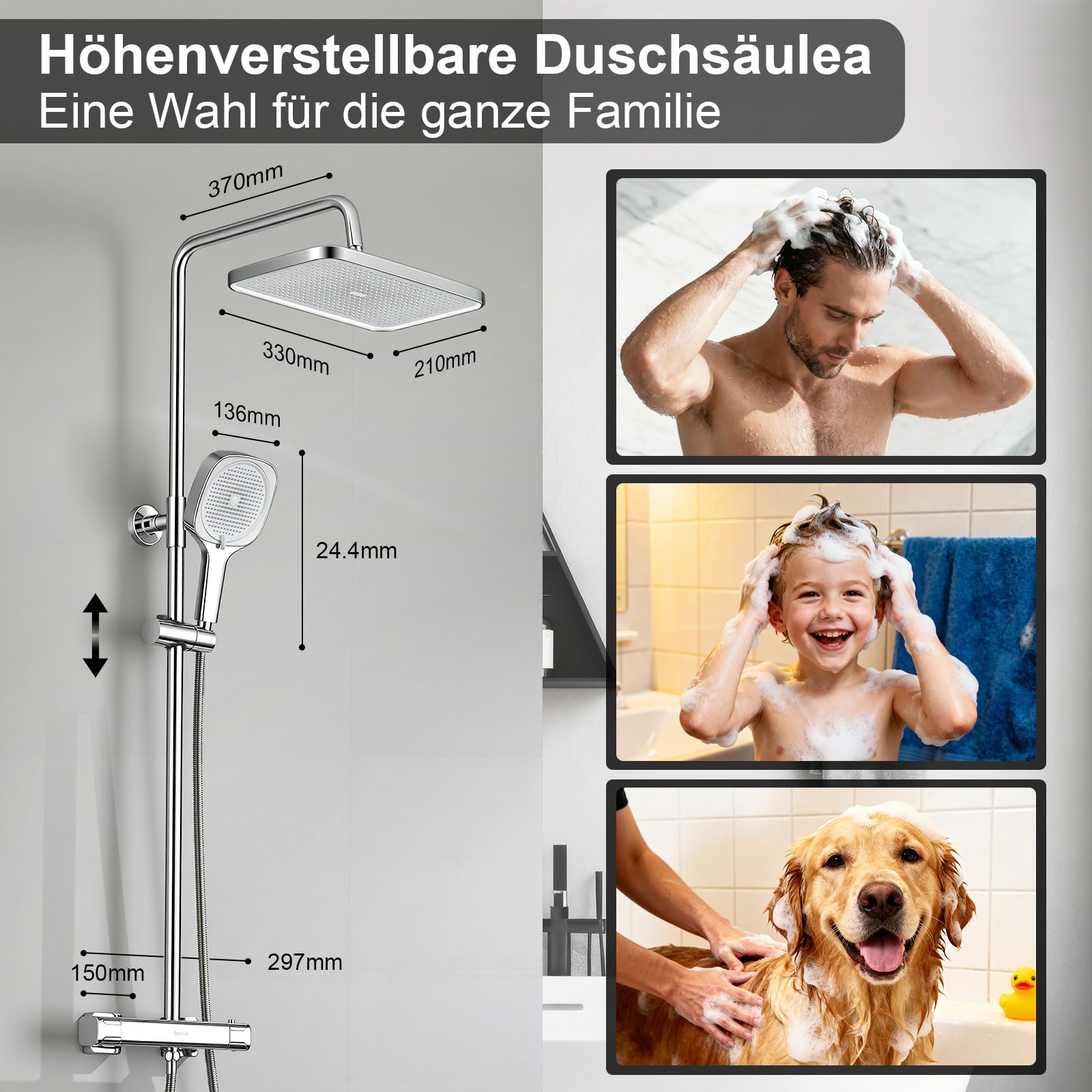 Duschsystem mit Thermostat Edelstahl Regendusche 13" Quadratische Regenbrause Handbrause 3 Strahlarten Duscharmatur Komplettset Höhenverstellbar mit Anti-Verbrühungsschutz Wassersparend