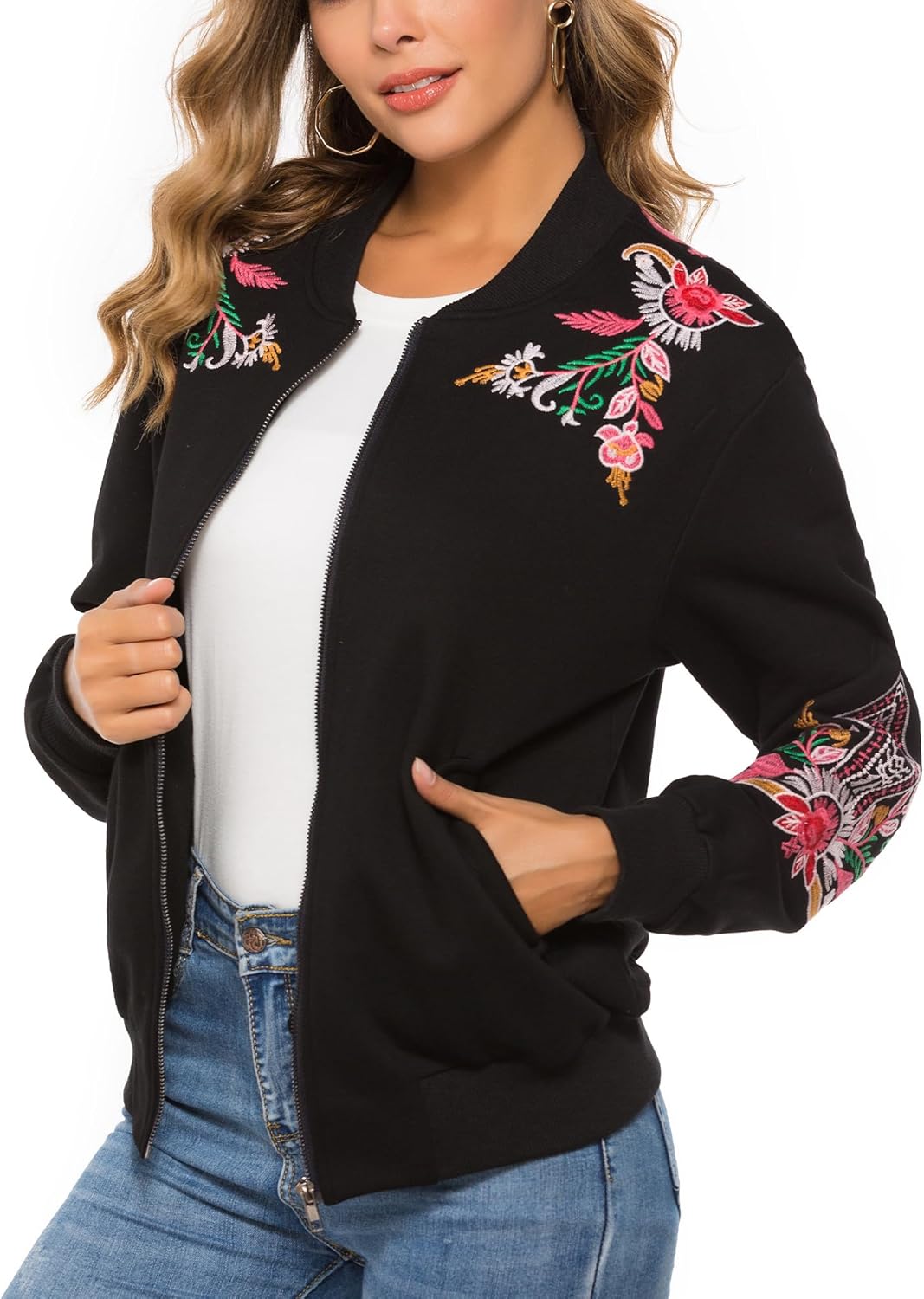 Bohemian Embroidered Jacket for Women Mexican Floral Full Zip Long Sleeve Coat Fall Winter Warm Hoodie
