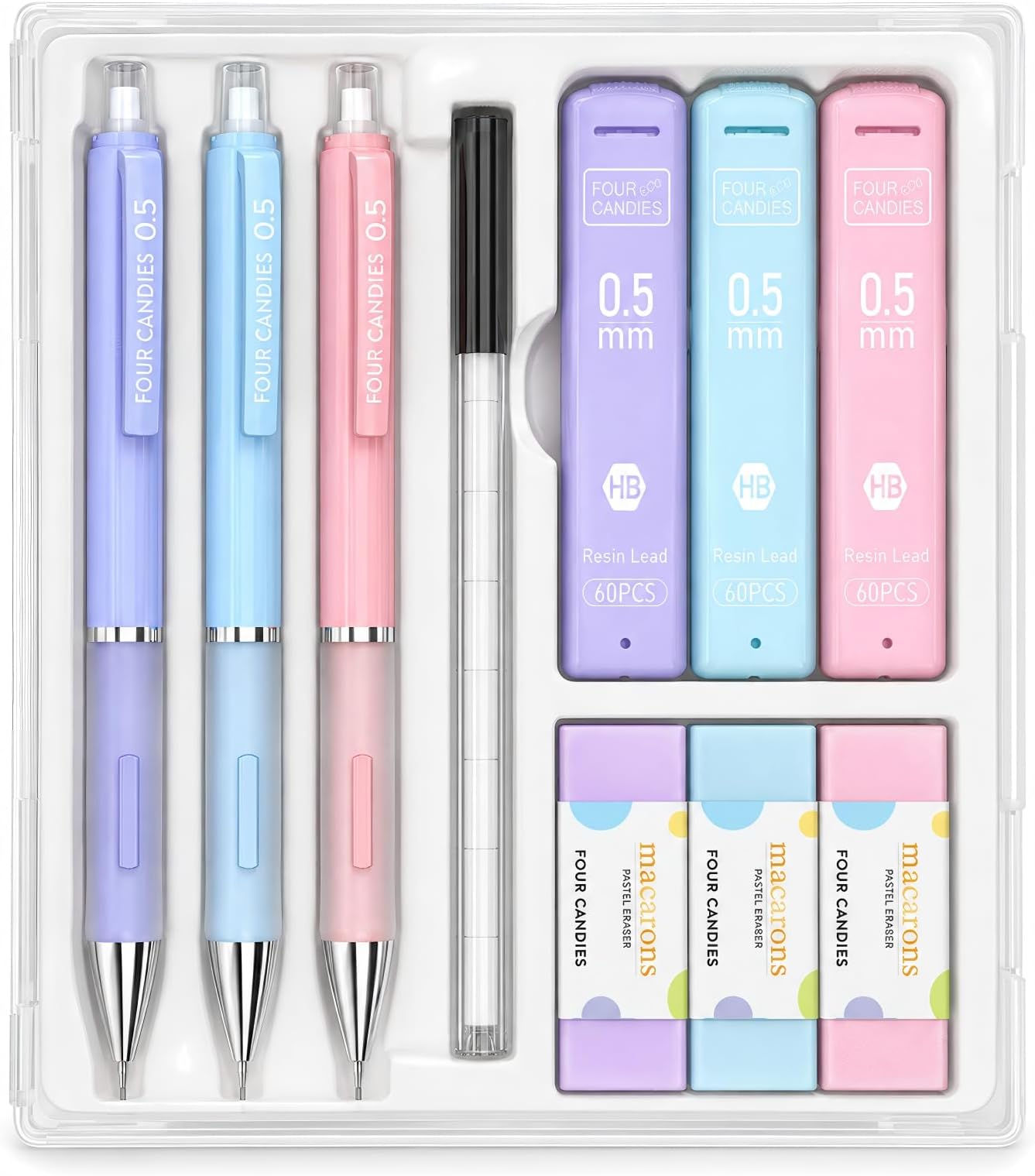 Four Candies 0.5mm Pastel Mechanical Pencil Set with Case, 3-Pack | 360 Leads, 3 Erasers+9 Refills, Cute Pink/Purple/Blue Barrels, Non-Slip Grip, Fine Lines for Notes, Tests & Drawing