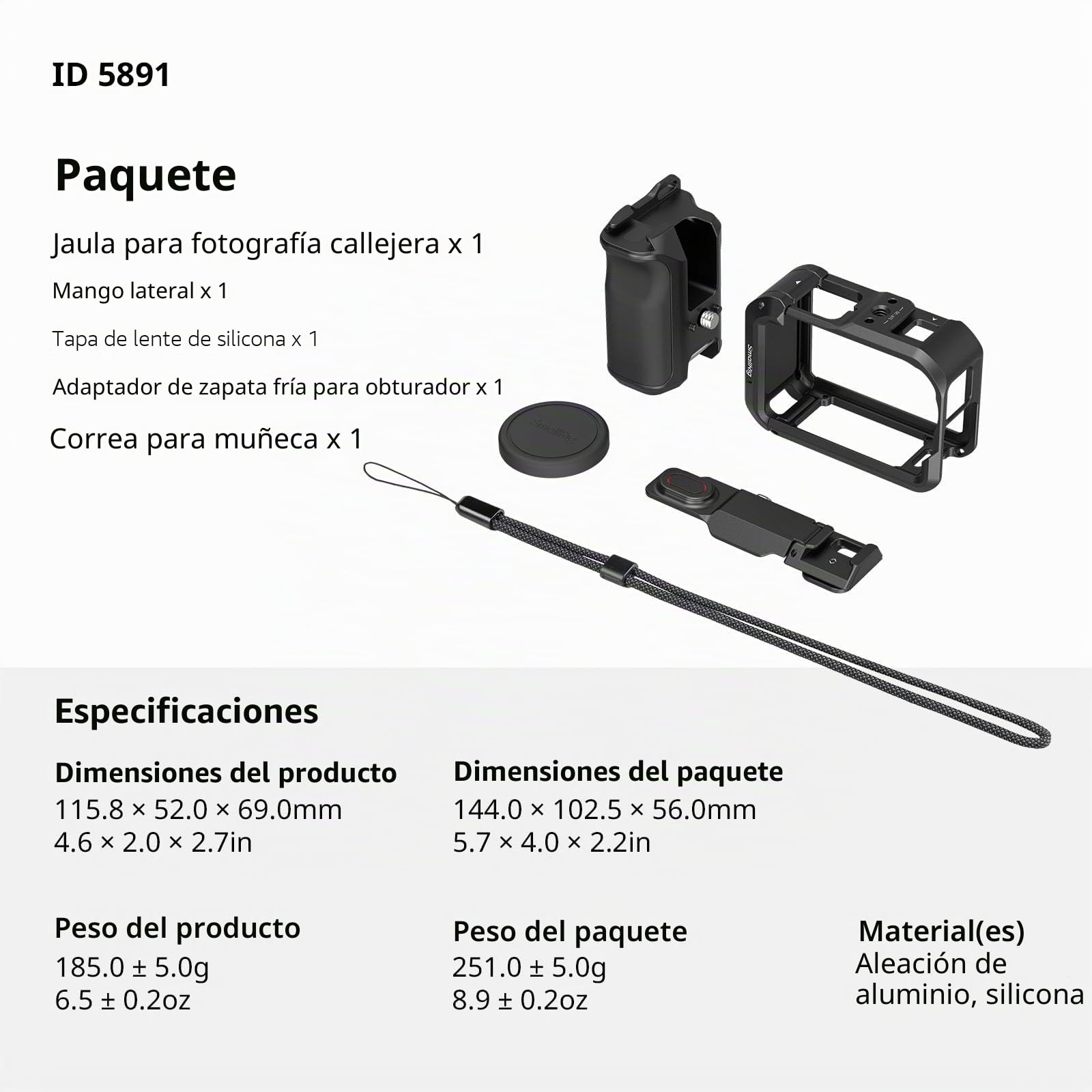 SMALLRIG Kit de mango para DJI Osmo Action 6 con jaula de metal, mango de fotografía callejera para DJI, jaula Action 6 con disparador, zapata fría, muñequera, cubierta de lente, orificio roscado 1/4