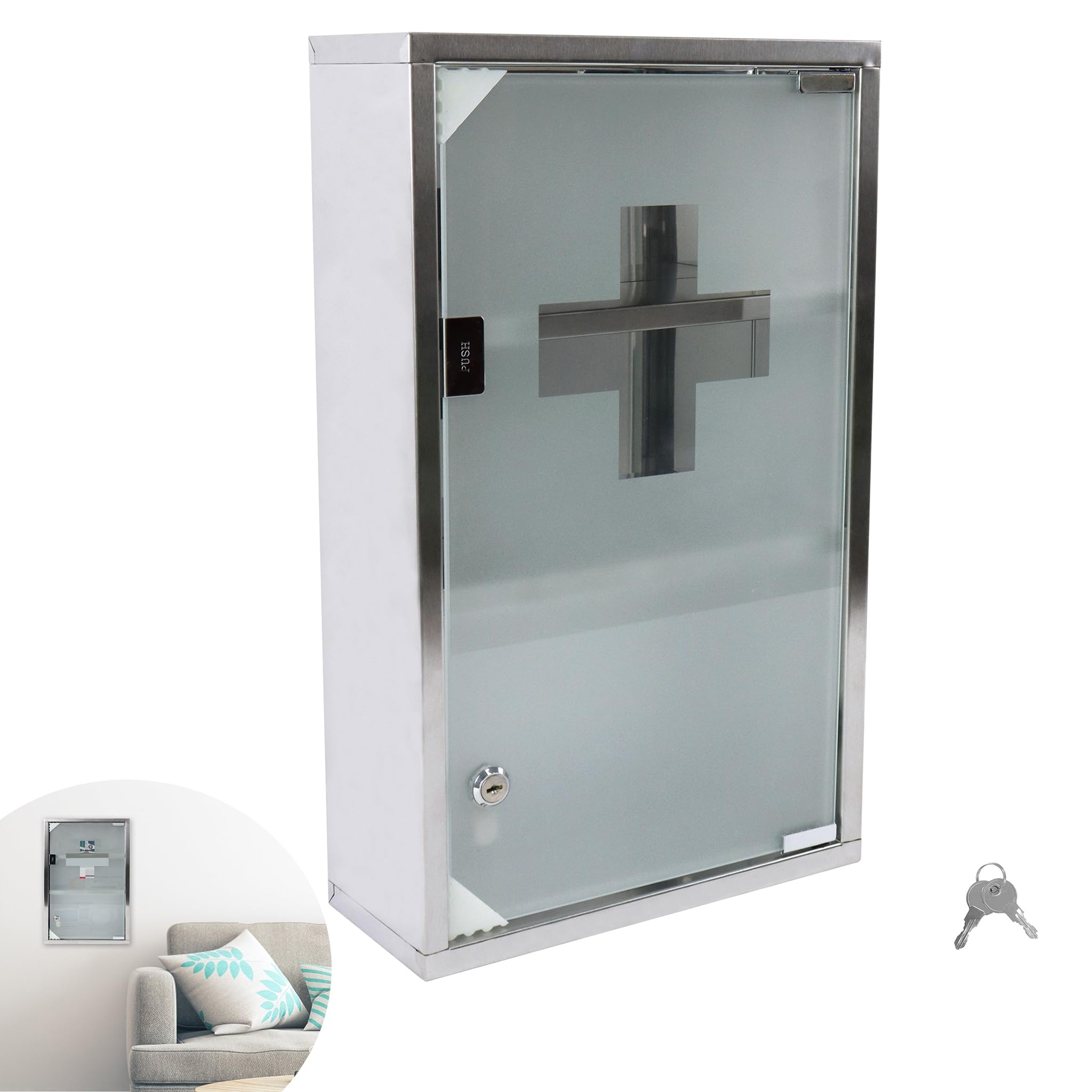 YRHome Medizinschrank aus Edelstahl 4 Fächer mit Glas Tür und Schloss abschließbar Arzneischrank Medikamentenschrank Erste Hilfe Schrank Hausapotheke Schrank 57,5 x 30 x 12 cm