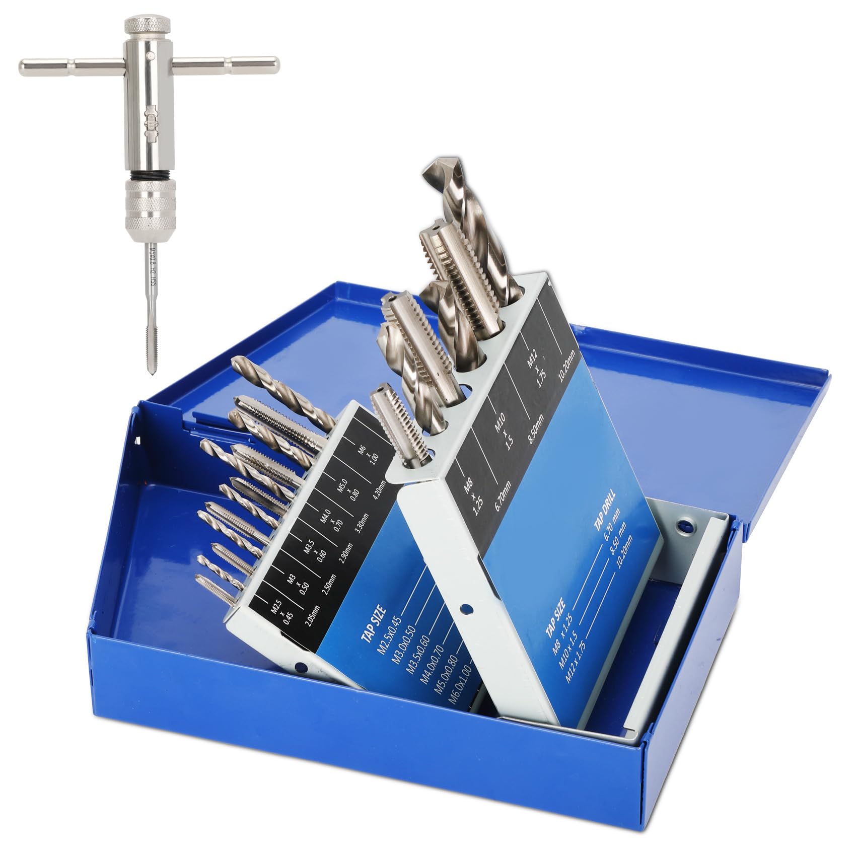 18 Piece Metric Drill and Tap Set, M2 HSS M2-M12 Taps & 2.05-10.2mm Drill Bits Include Tap Wrench, Fit for Cutting New Threads & Repairing Damaged