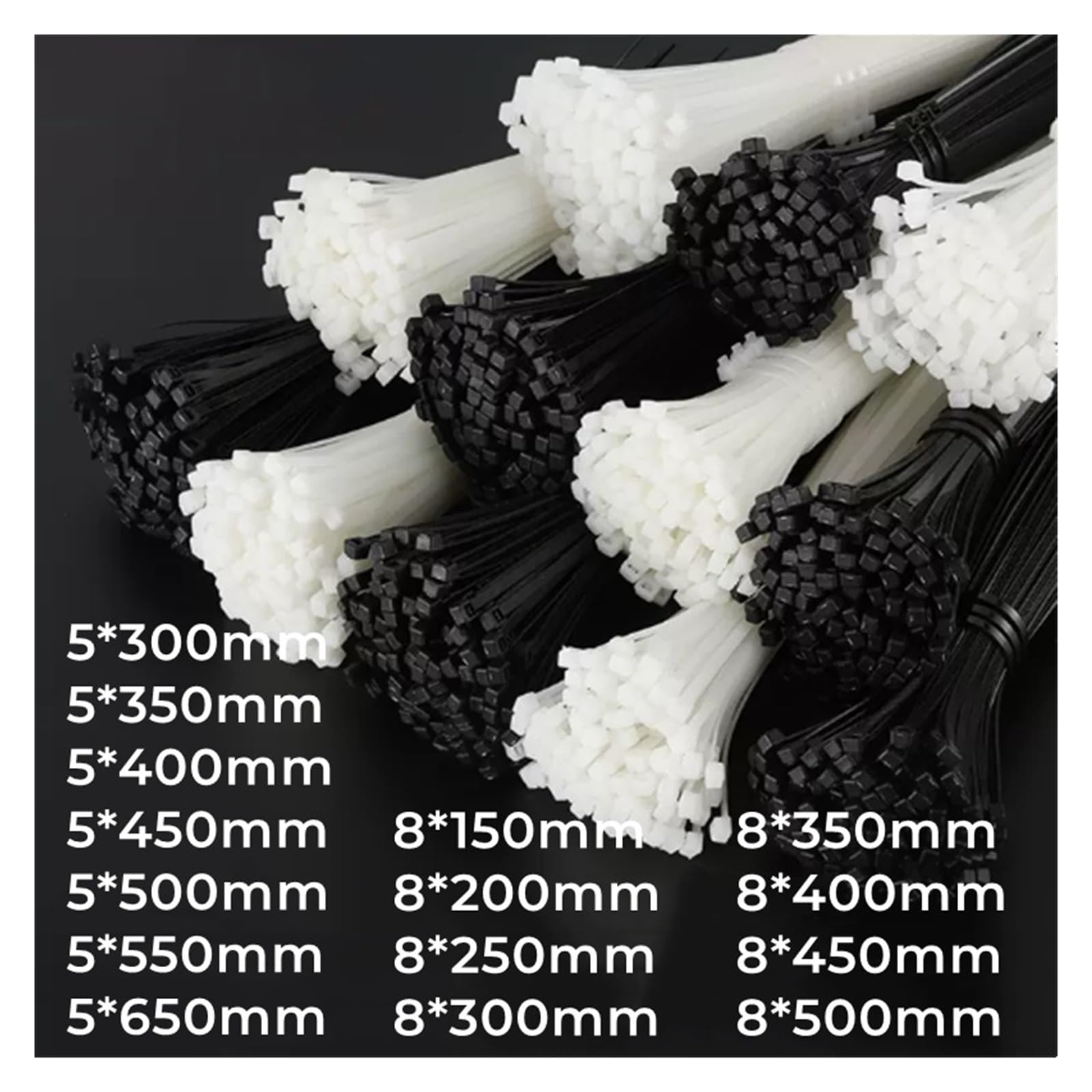 assortimento di Fascette per Cavi,Fascette per, Cravatta in Nylon di plastica autobloccante Bianca Nera 5 * 300 mm ~ 8 * 500 mm(Black 100pcs,5x400mm)