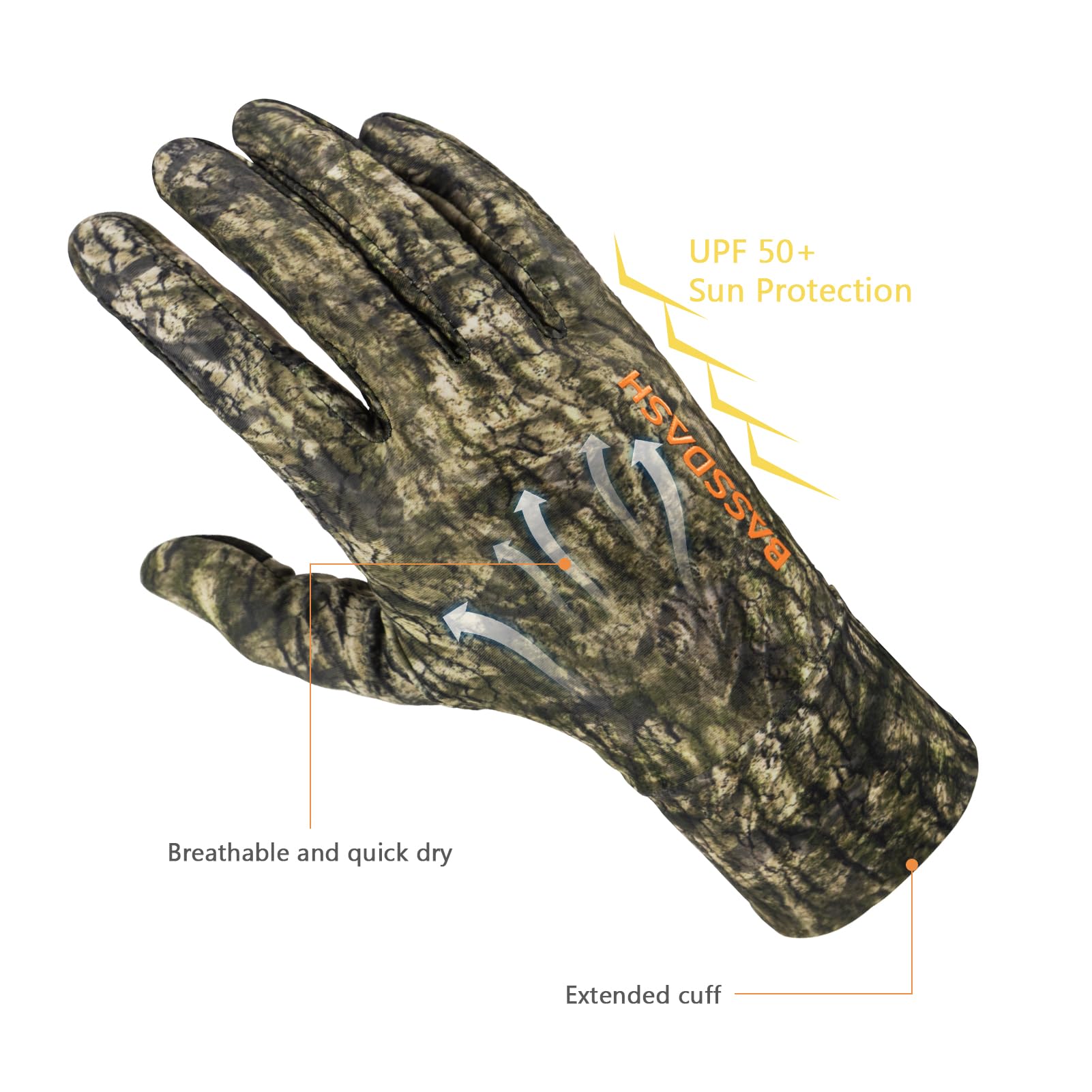 BASSDASH Guantes de caza de camuflaje para hombre, UPF 50+, ligeros, para pantalla táctil, para clima cálido, pesca, senderismo, actividades al aire libre