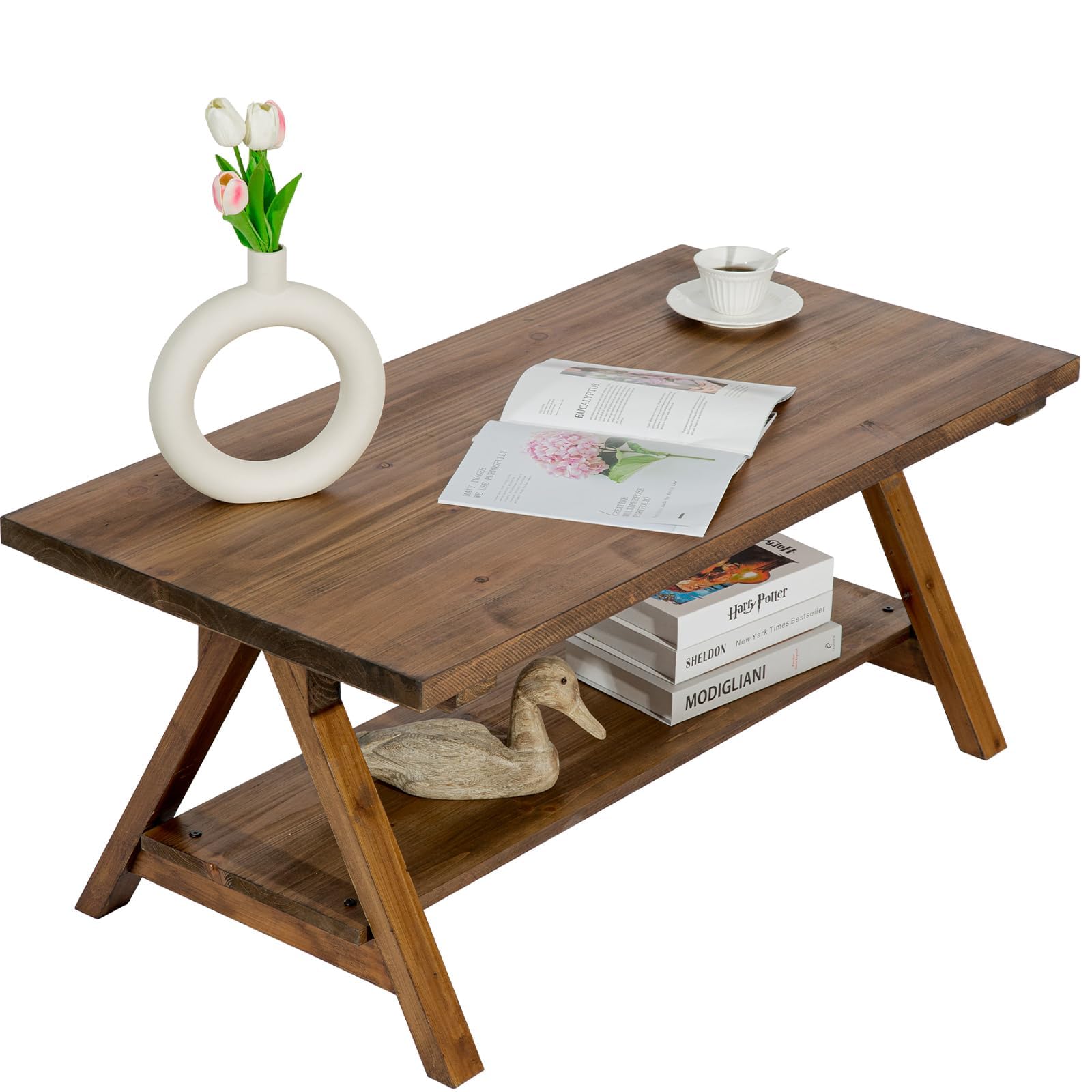 Solid Wood Coffee Table - 42.5” Firwood Farmhouse Rustic Wooden Coffee Tables for Living Room, Solid Firwood Rectangle Coffee Table, Center Table for Living Room, Brown