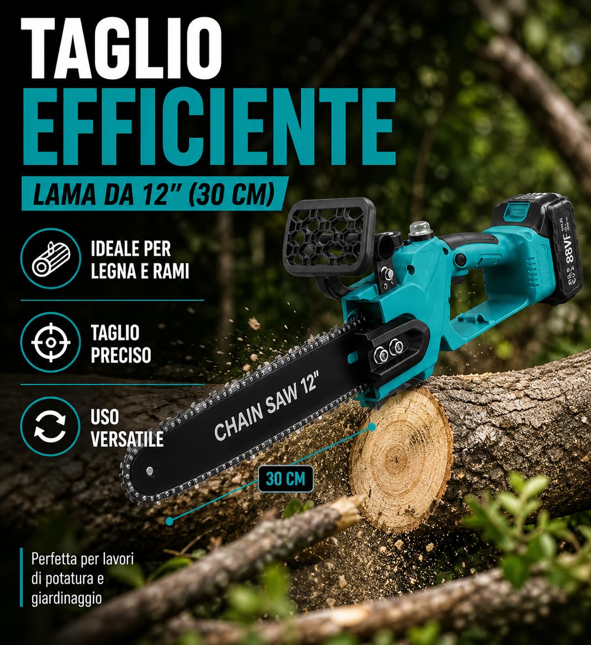 Motosega a Batteria 21V 400W con Lama 12" (30 cm) – Doppia Batteria Litio Inclusa, Motore Brushless, Lubrificazione Automatica, Valigetta e Accessori – Per Taglio Legna e Potatura