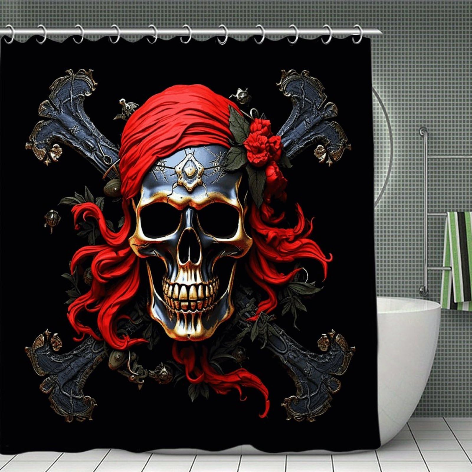 FekiLoot Pirate Skull Shower Curtain with Hooks Modern Farmhouse Bathroom Curtain Waterproof Cloth Bath Curtains Cute Washable Blackout Privacy Curtains for Bathroom Bathtub 70.8"x70.8"