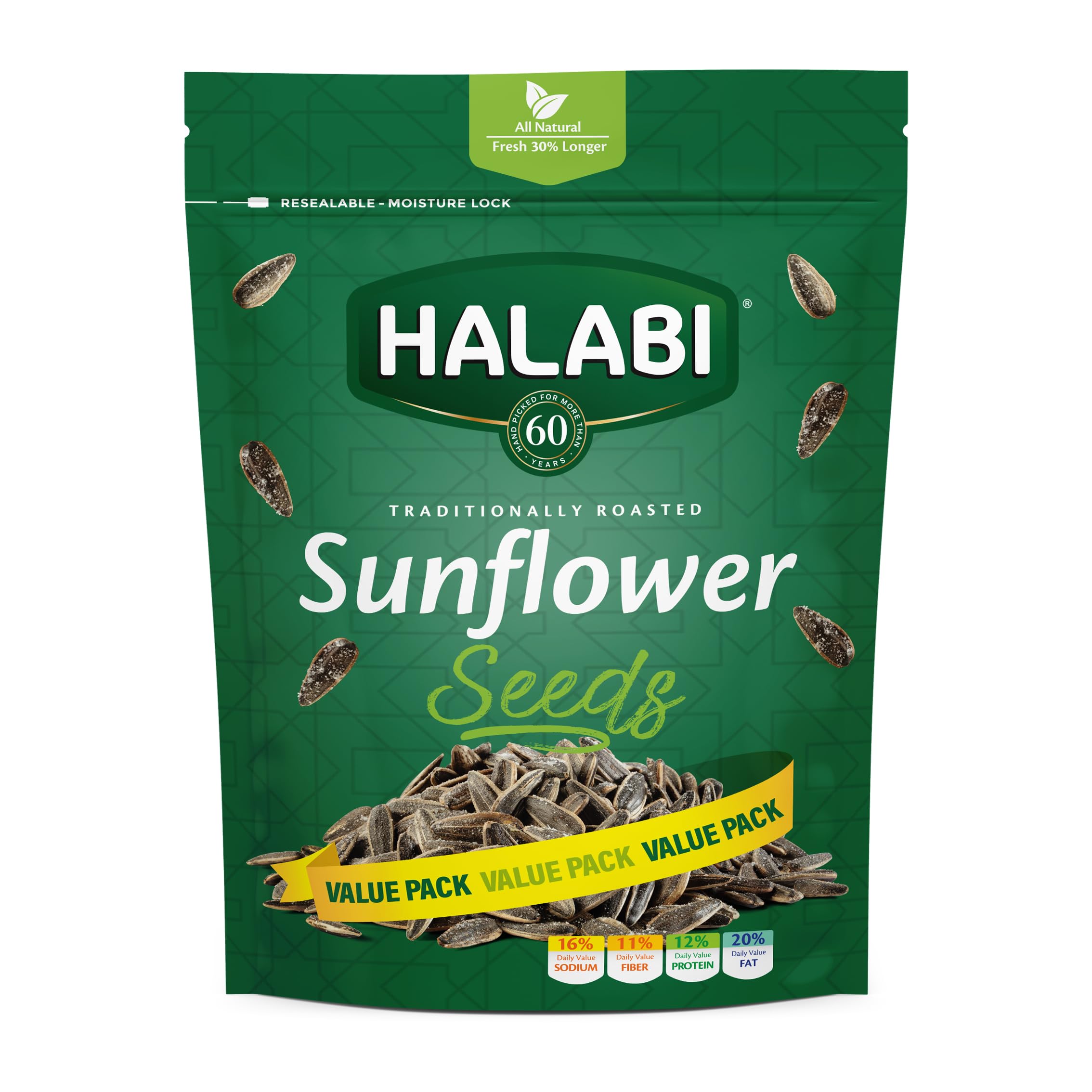 Halabi - Traditionally Roasted Sunflower Seeds, All Natural Ingredients Healthy And Nutritious Snacks Longer Freshness Resealable Bag - 250G