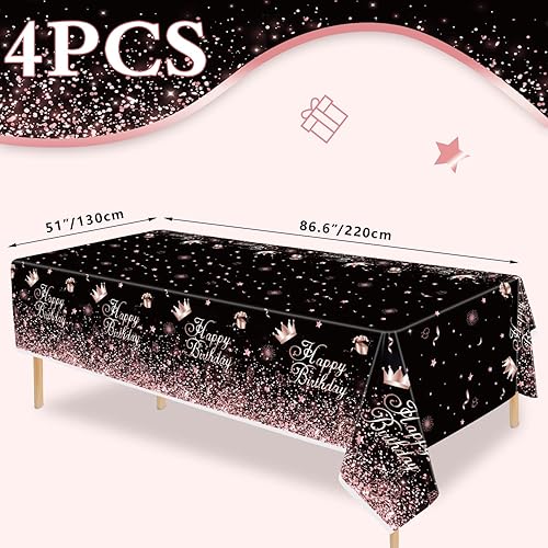 Miniatura 8 de Mantel de plástico color oro rosa negro (paquete de 4), manteles de fiesta de 86 x 51 pulgadas para suministros de fiesta de cumpleaños con temática