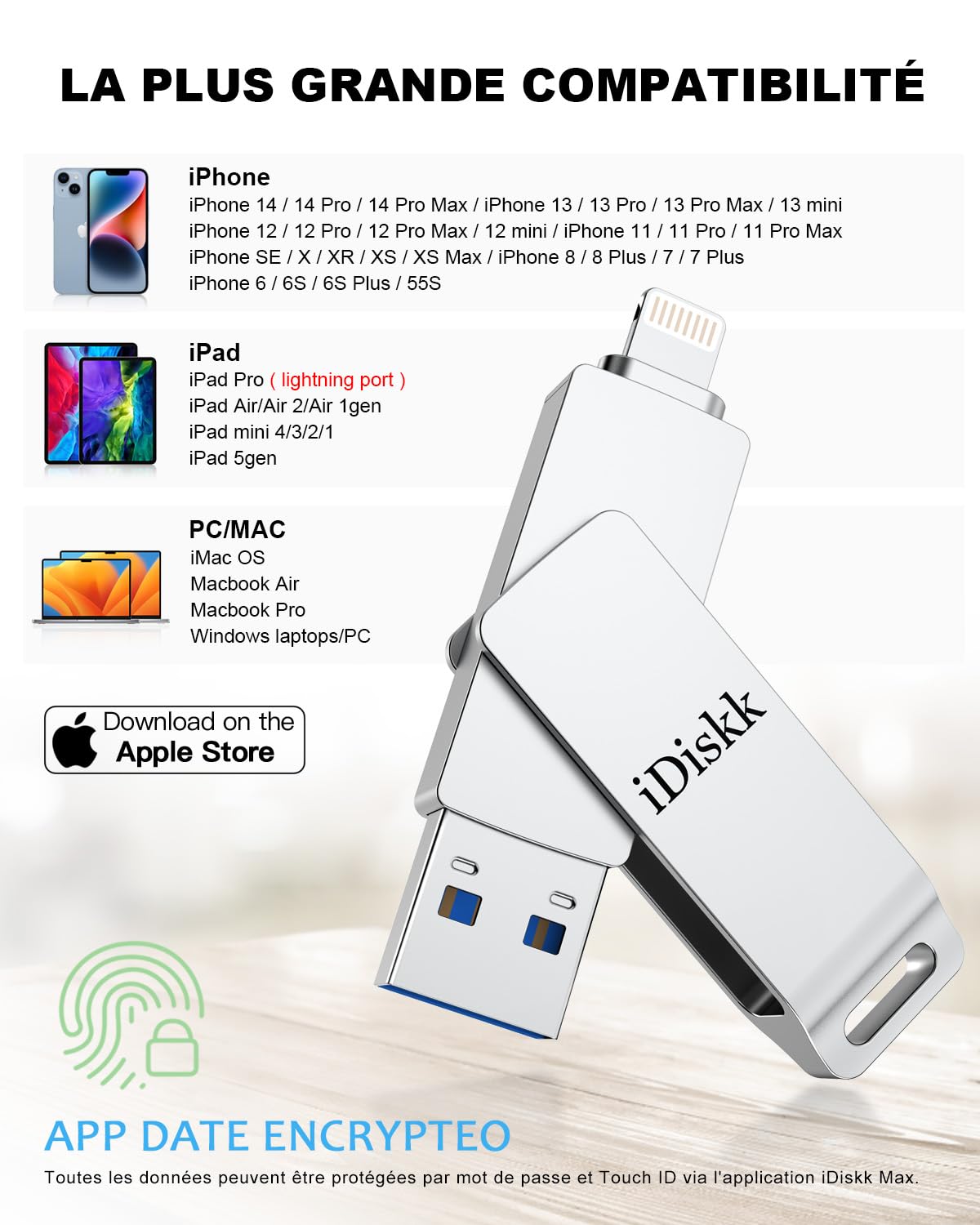 Clé USB 64GB Pour IPhone - Certifiée MFi - IDiskk - USB 3.0 - Transfert Rapide