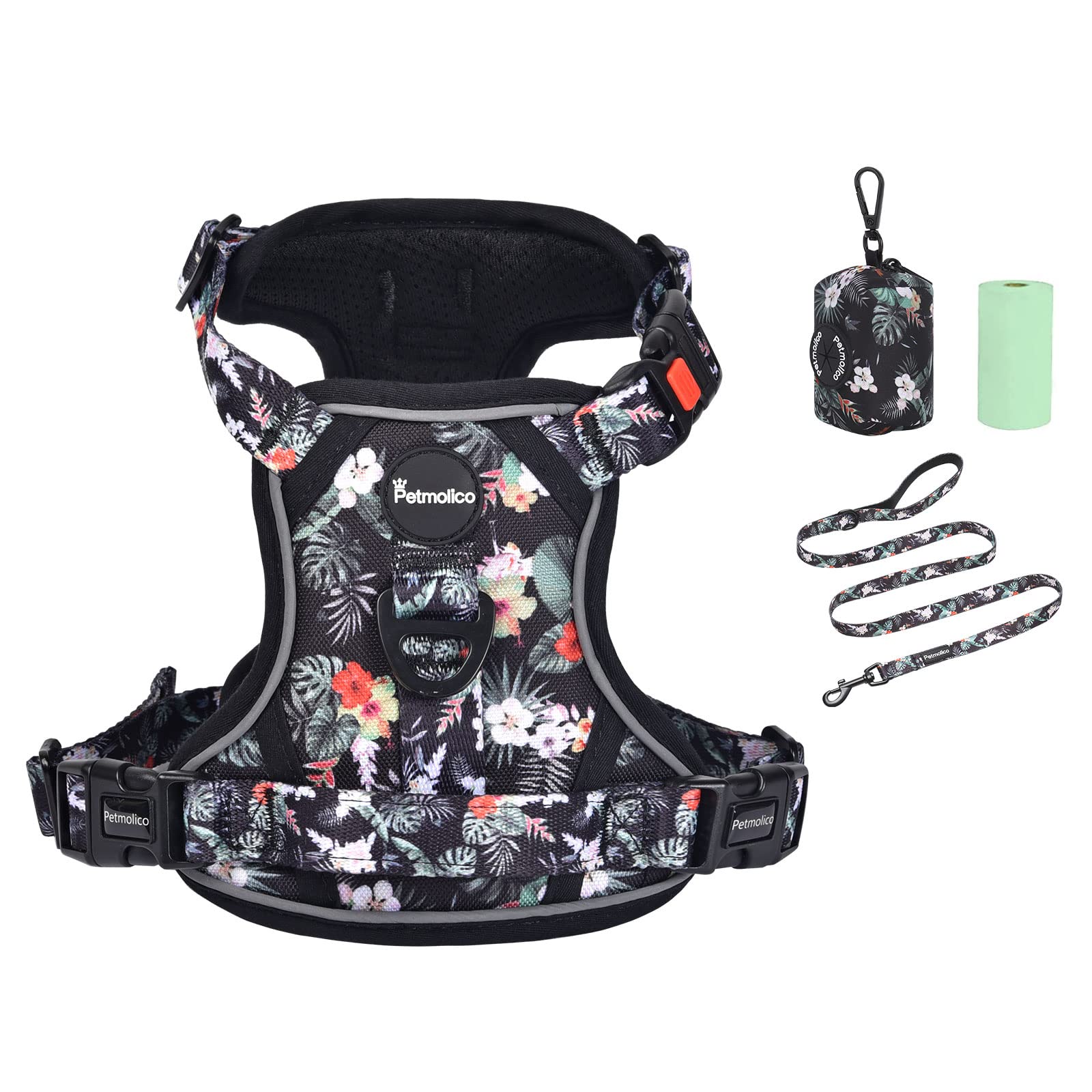Petmolico No Pull Dog Harness Set with Leash Attachment Easy Control Handle Reflective Harness Vest Small Breed, Puppy Vest and Leash Set with Poop Bag Holder, Medium - Rainforest Flower — image 1