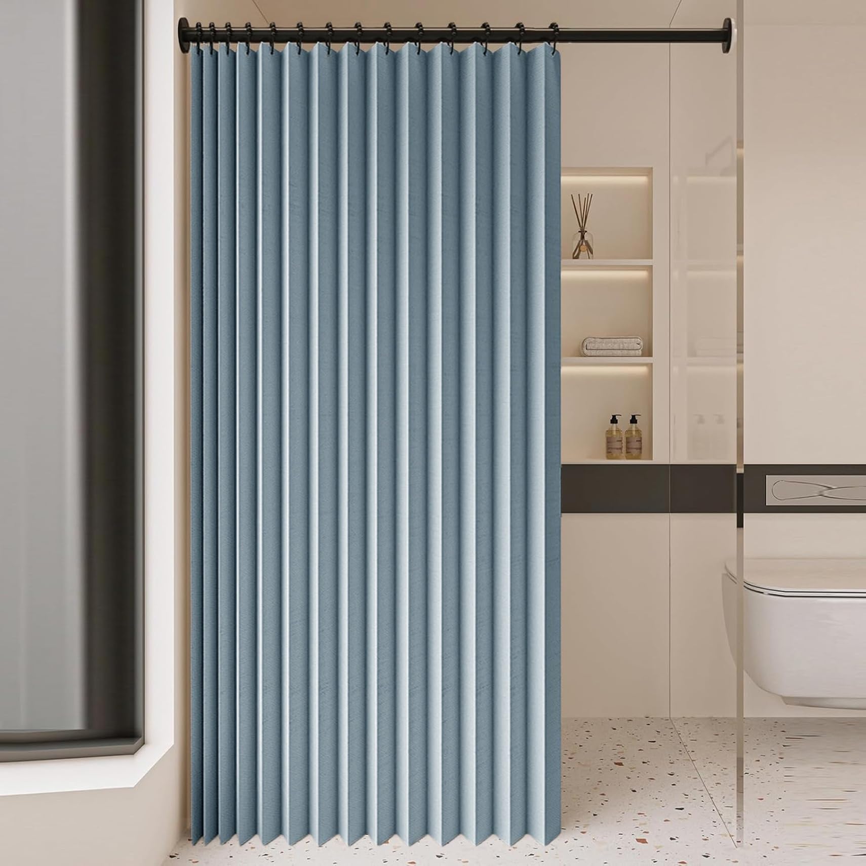 Rideau Séparateur de Pièce 240 x 192 cm Anti Froid et Chaleur Magnétique Impermeable à Oeillets Décoratif Rideau Accordéon Porte pour Chambre, Salon Décoration de Fenêtre, Bleu