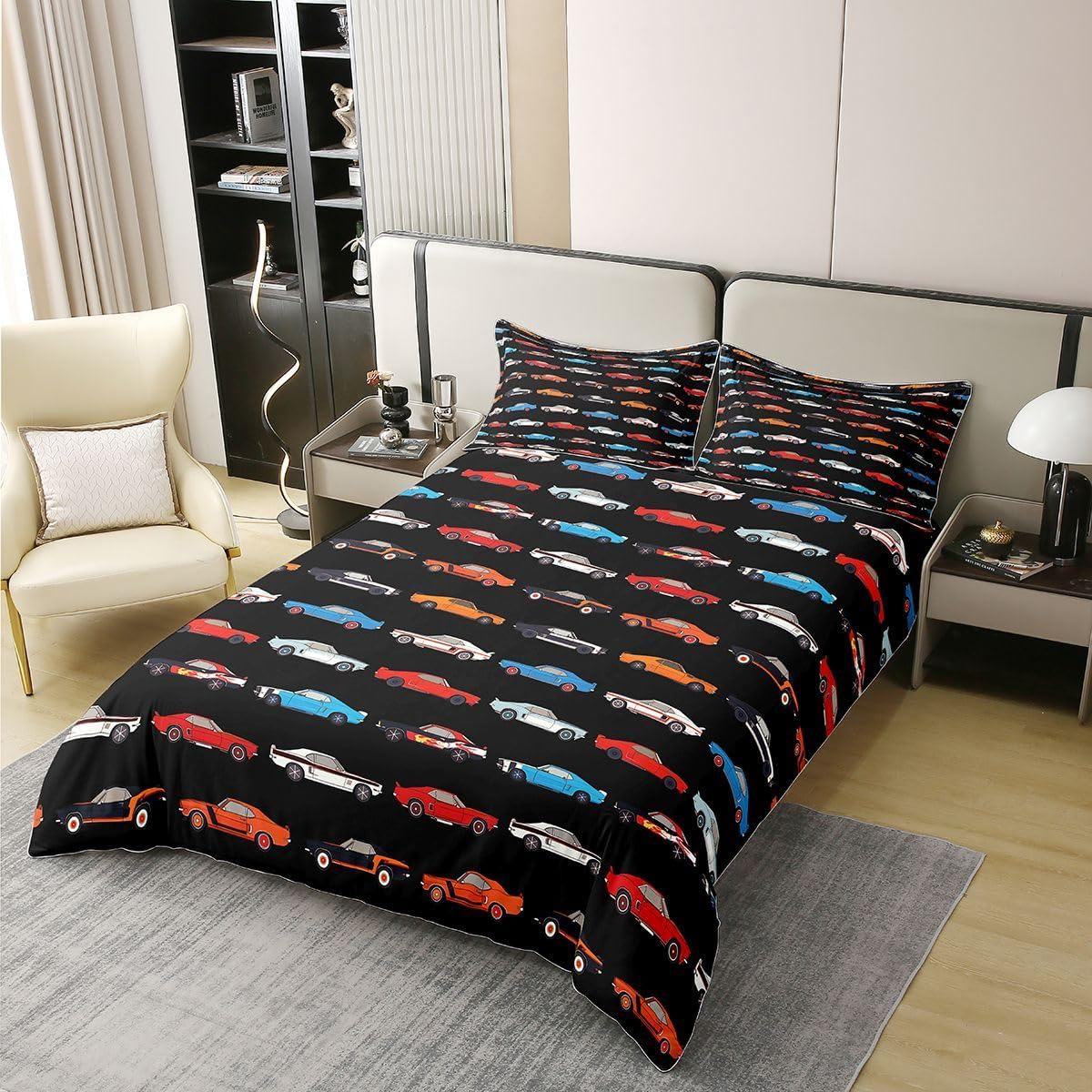 Feelyou Race Car Duvet Cover 100% Cotton Twin Size Boys Girls Black Cartoon Car Bedding Set Breathable Soft Colorful Vehicles Comforter Cover 2Pcs Bedroom Decor Microfiber Zipper Closure