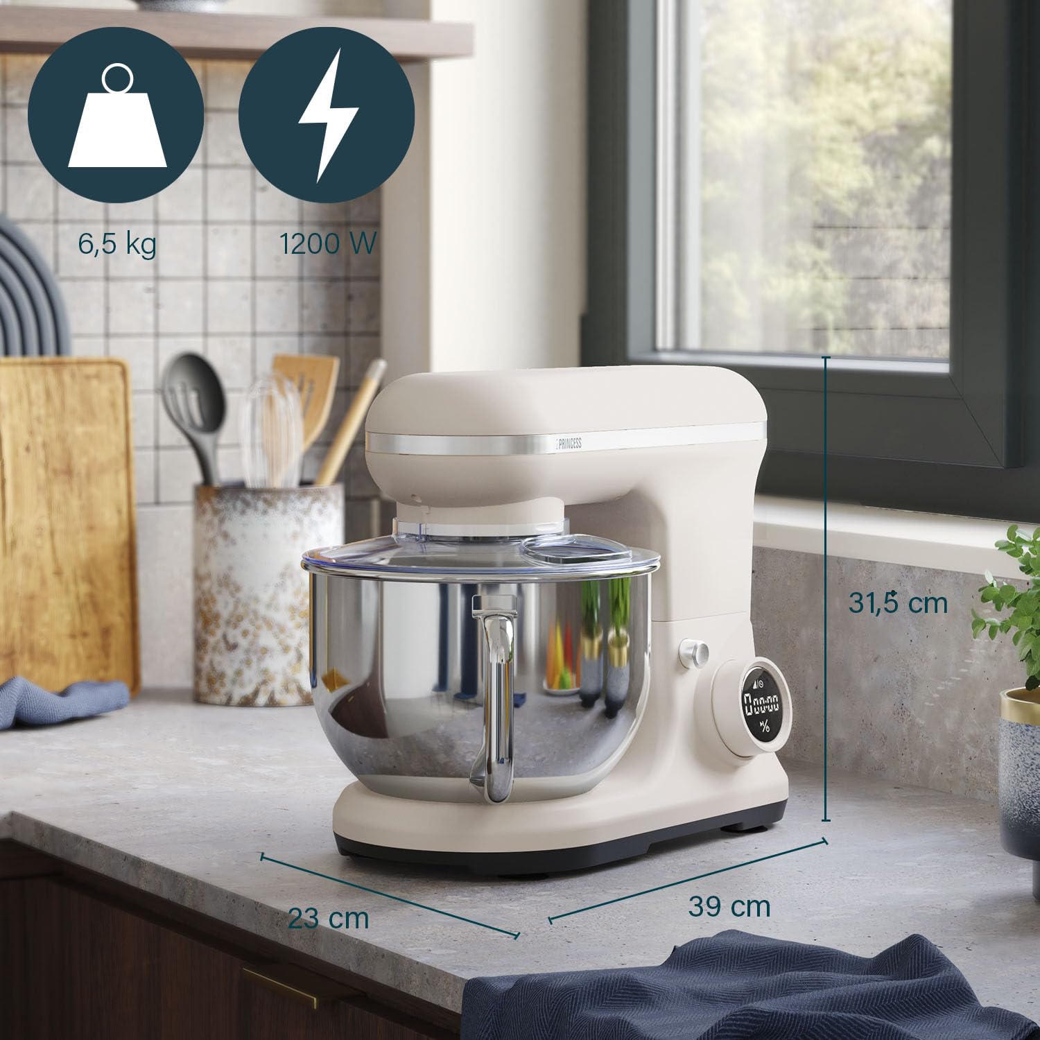 Princess Robot da cucina digitale Nordic, Ciotola 5 L Inox, 8 Velocità, Controllo Digitale, Gelatiera, 1200 W, Senza BPA, Piedini Antiscivolo, Lavabile Lavastoviglie, 220138