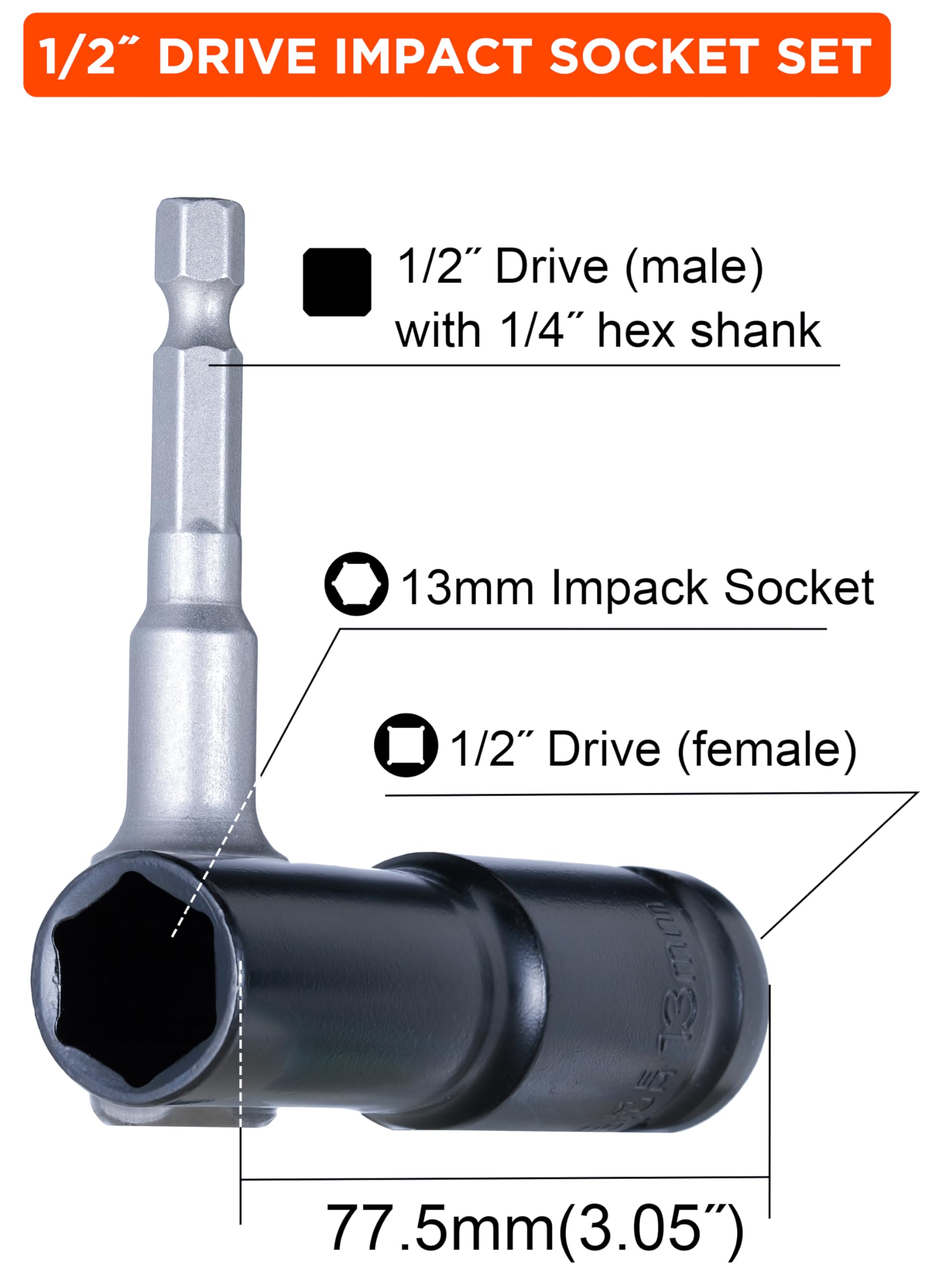 YoiYee 1/2" Drive Deep Impact Socket with 13mm 6-Point Design and 3-Inch Length, Plus 1/4" Hex Shank to 1/2" Socket Adapter, 2pcs/set - Image 3