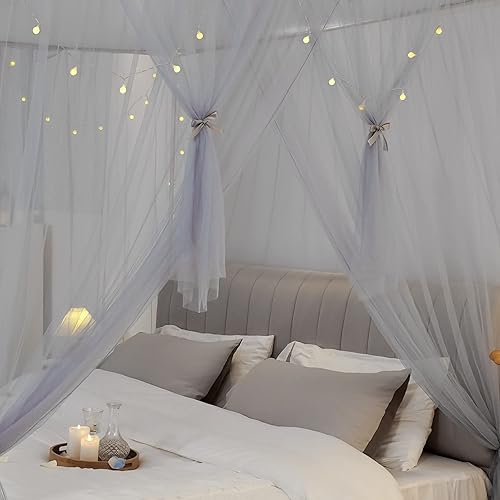 Miniatura 4 de Cortinas de cama con dosel  Cortinas de 4 esquinas para niñas y adultos, cama de princesa, mosquitera, accesorios de decoración de dormitorio, gris,
