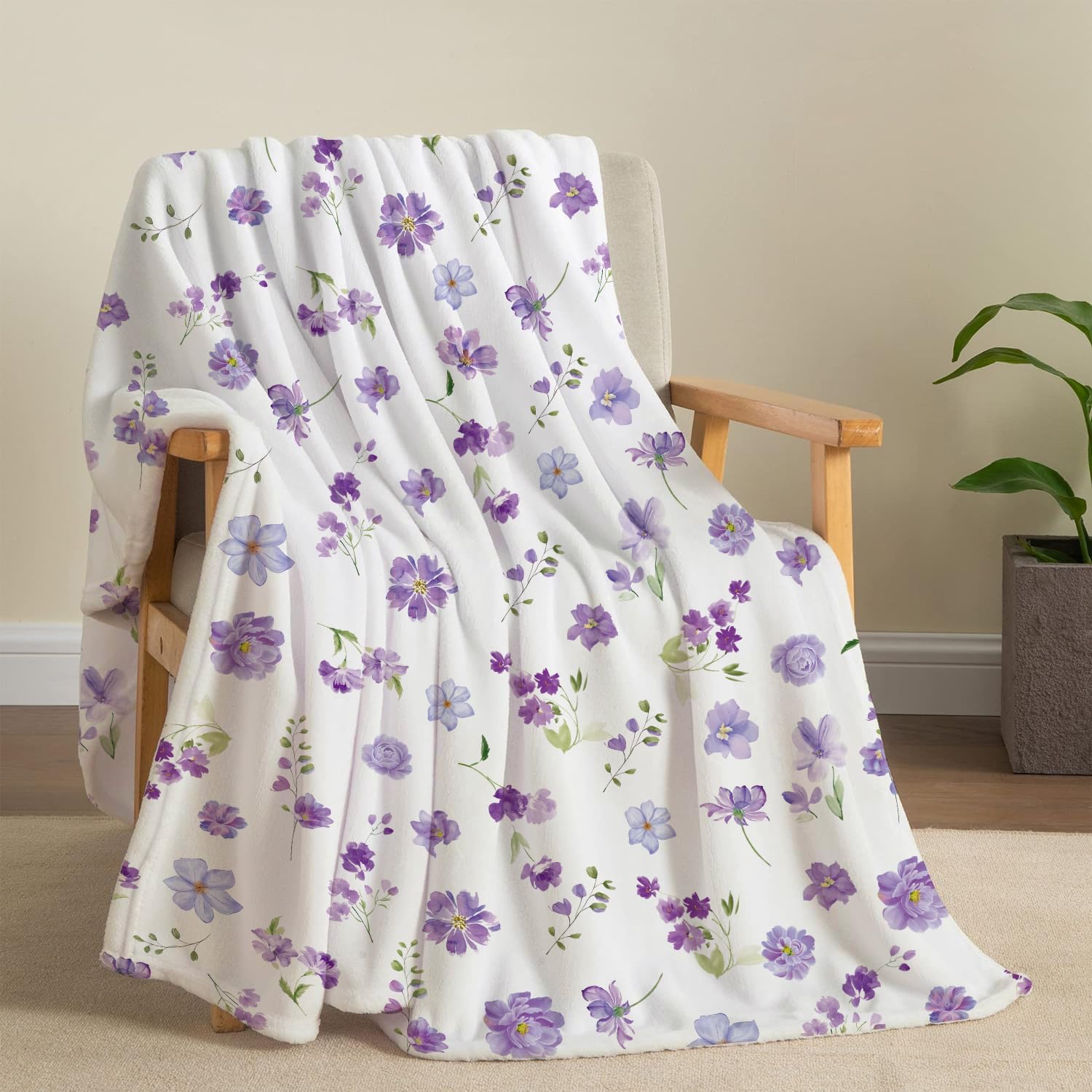 Floral Throw Blanket Purple Flowers Blanket Ultra Soft Flannel Fleece Throw Blanket Lightweight Cozy Fluffy Plush Blanket for Bed Couch Sofa 50" X 60" - Image 3
