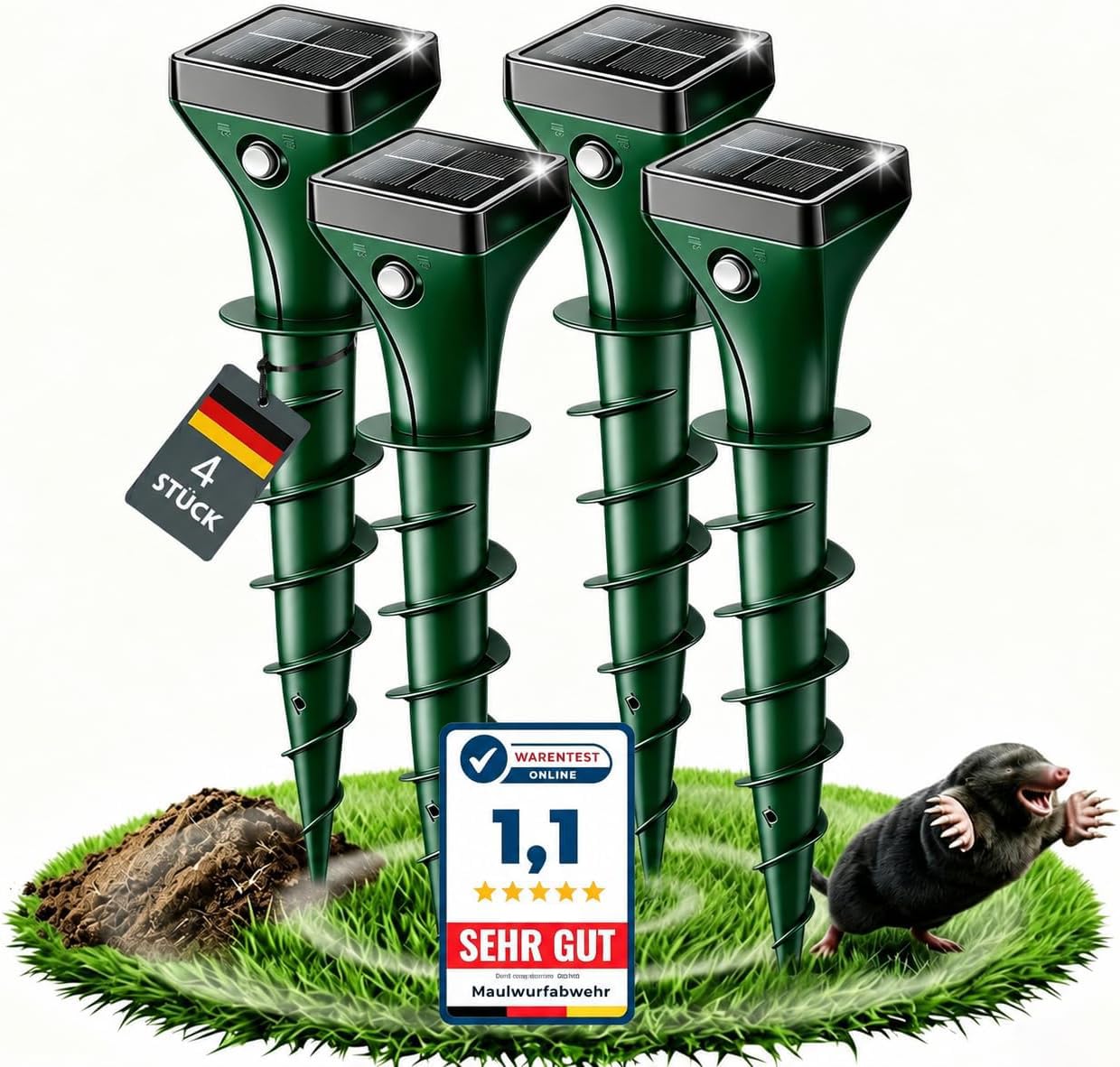 Elezenioc Maulwurf Vertreiber Solar, Ultraschall Maulwurfschreck gegen Maulwürfe und Wühlmäuse, IP65 Wasserdicht, Wetterfest & Tierfreundlich, Wühlmausschreck, Faltbare Tasse Silikon