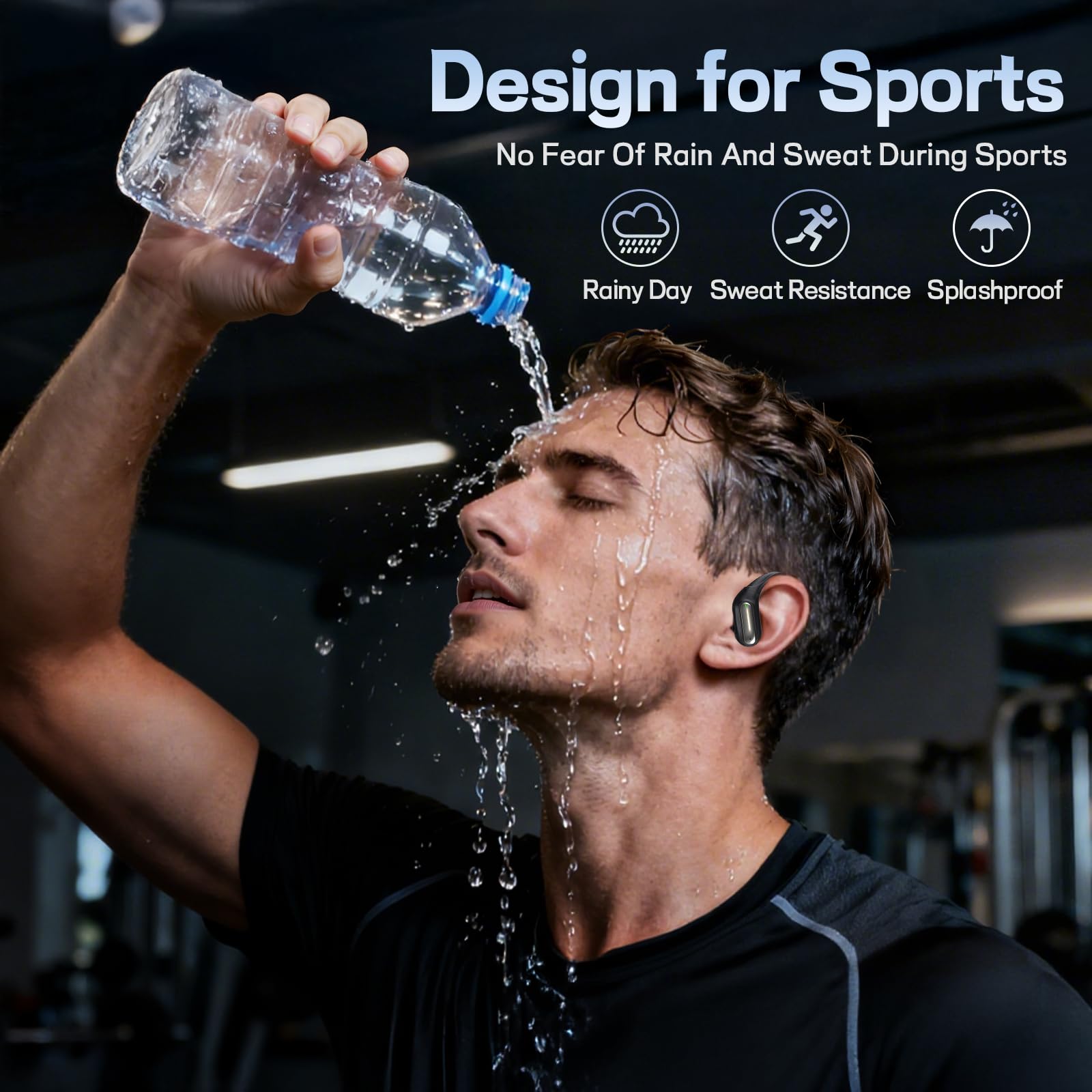 Auricolari sportivi senza fili, resistenti al sudore, con Bluetooth 6.0, suono stereo Hi-Fi, 80 ore di autonomia, facile controllo con pulsante per corsa, allenamento, palestra